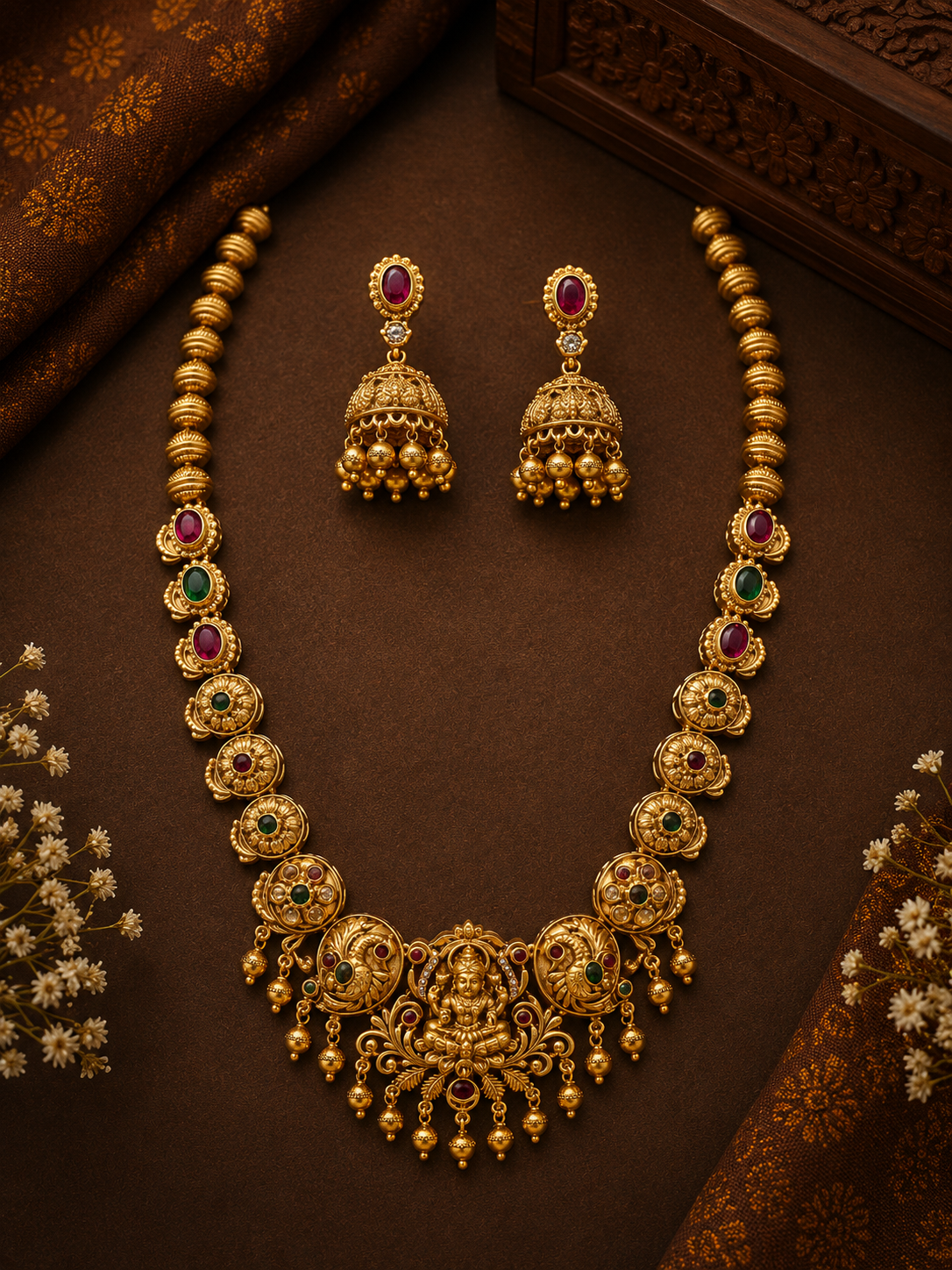 Premium Gold Plated Long Temple Necklace Set