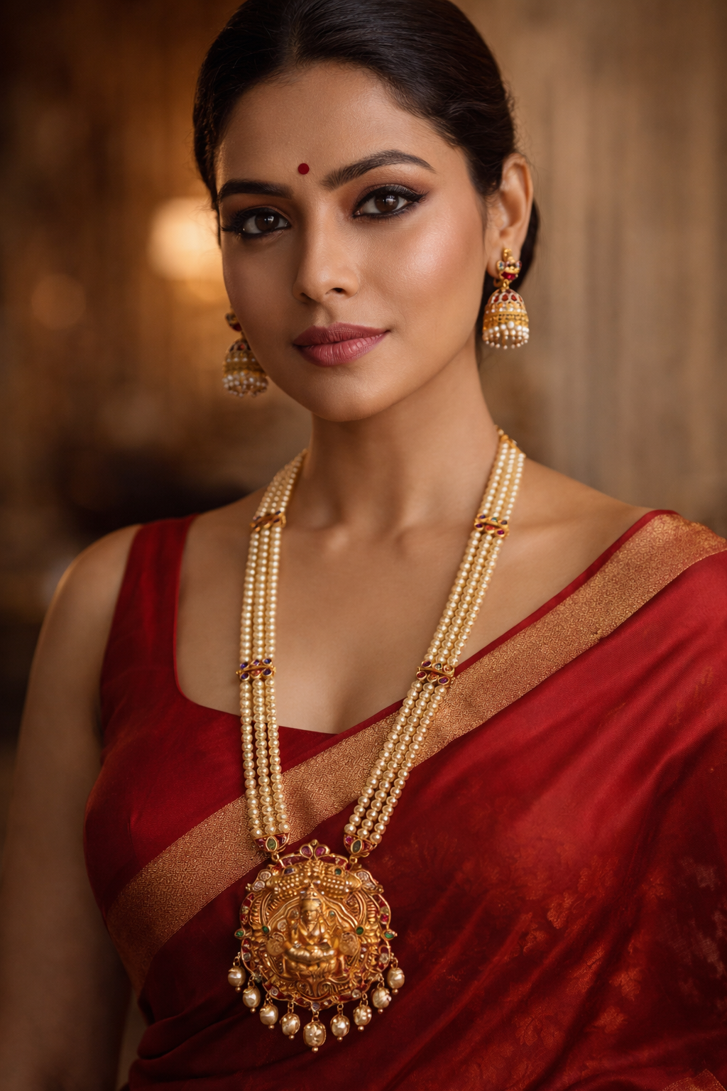 Gold Plated Premium Panchloha Necklace set with pearl maala Geru finish