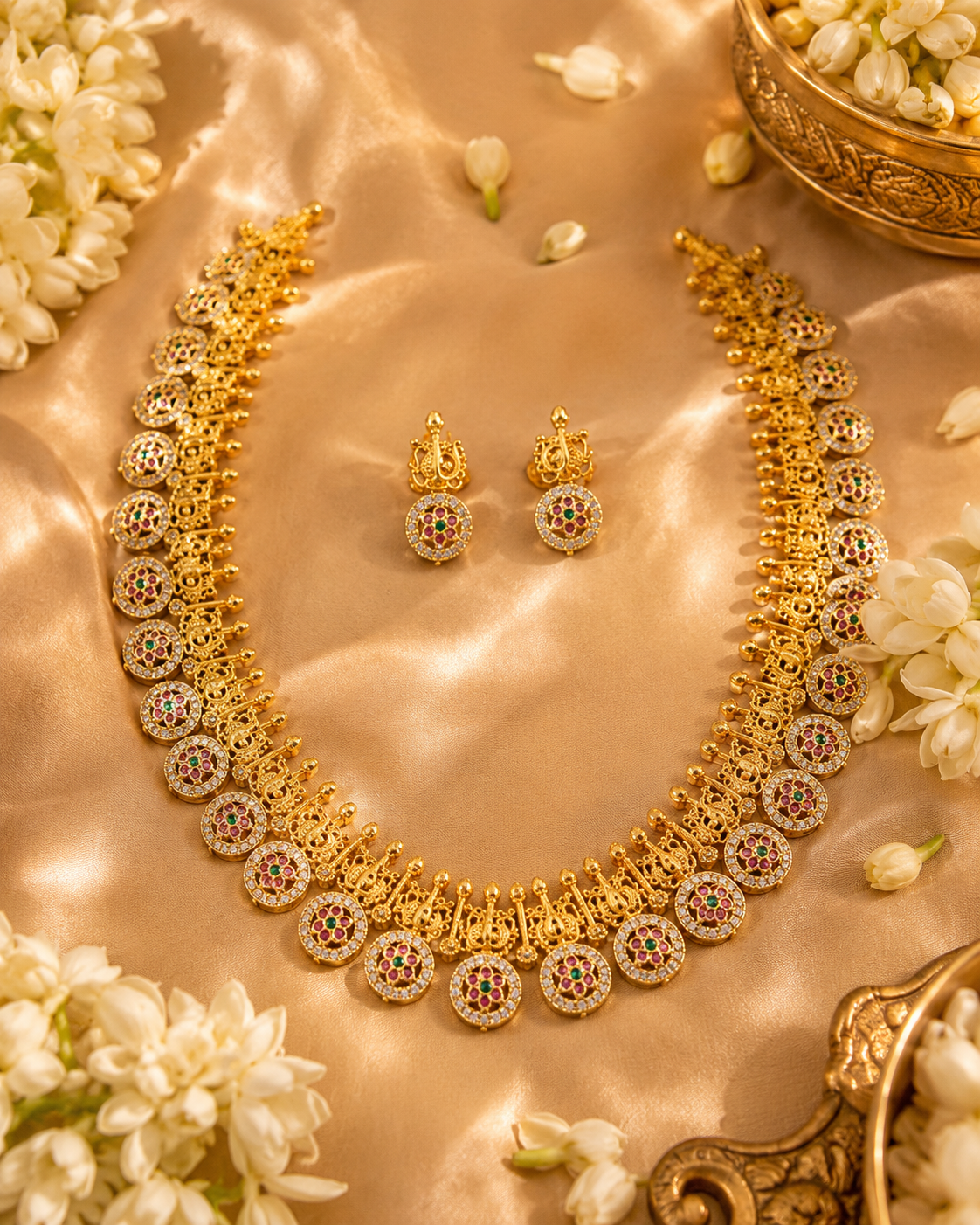 Gold Plated Premium CZ Long Haram Necklace Set