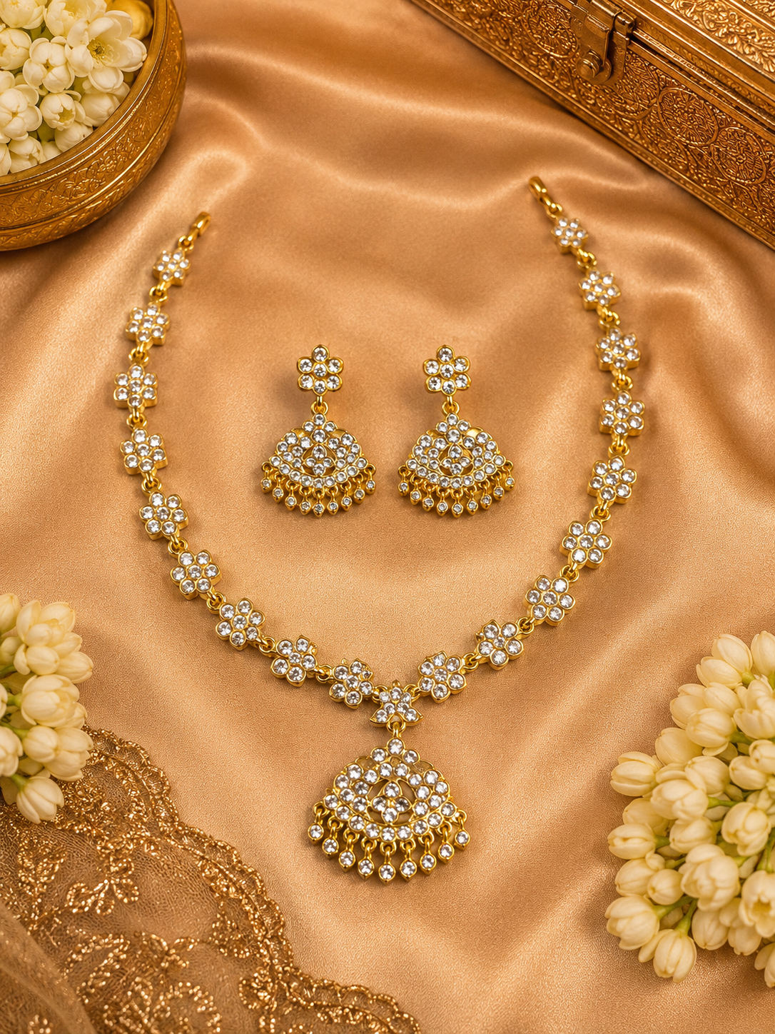 Premium Gold Plated Adige White Stone necklace set