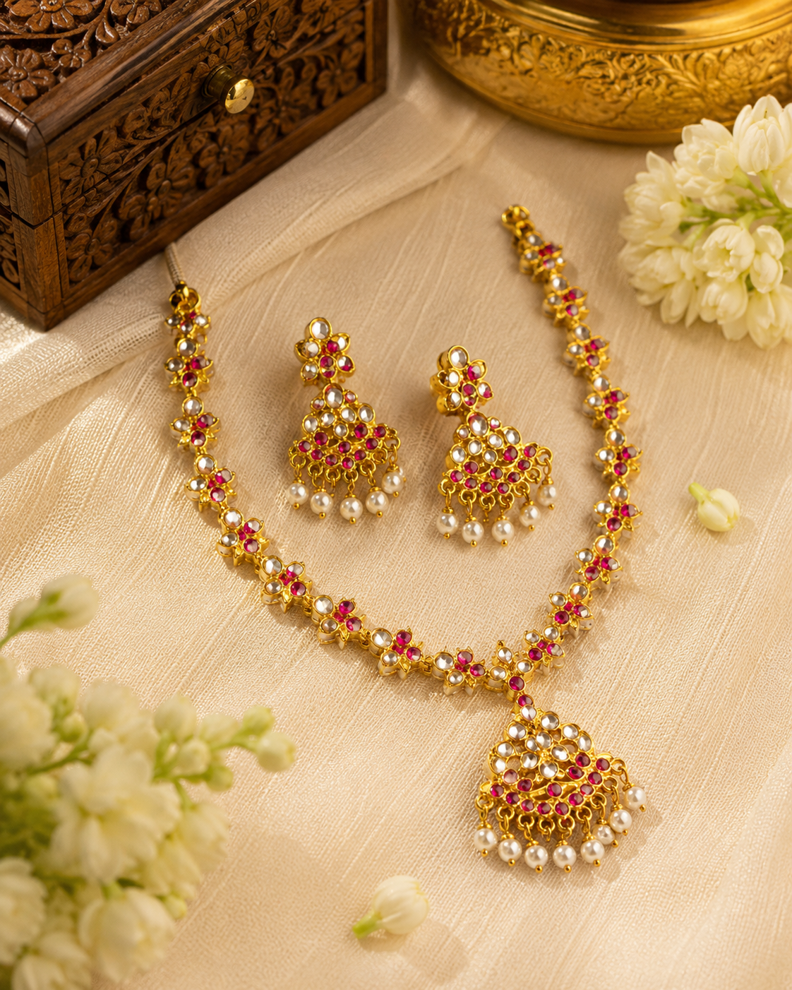 Premium Gold Plated Adige Red Muthu with Pearl necklace set