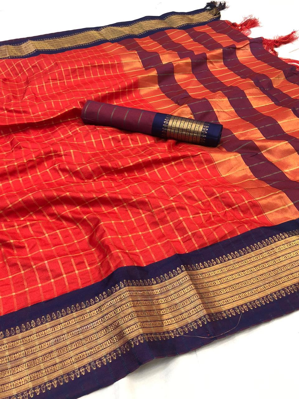 Checkered Bollywood Cotton Semi-silk Saree