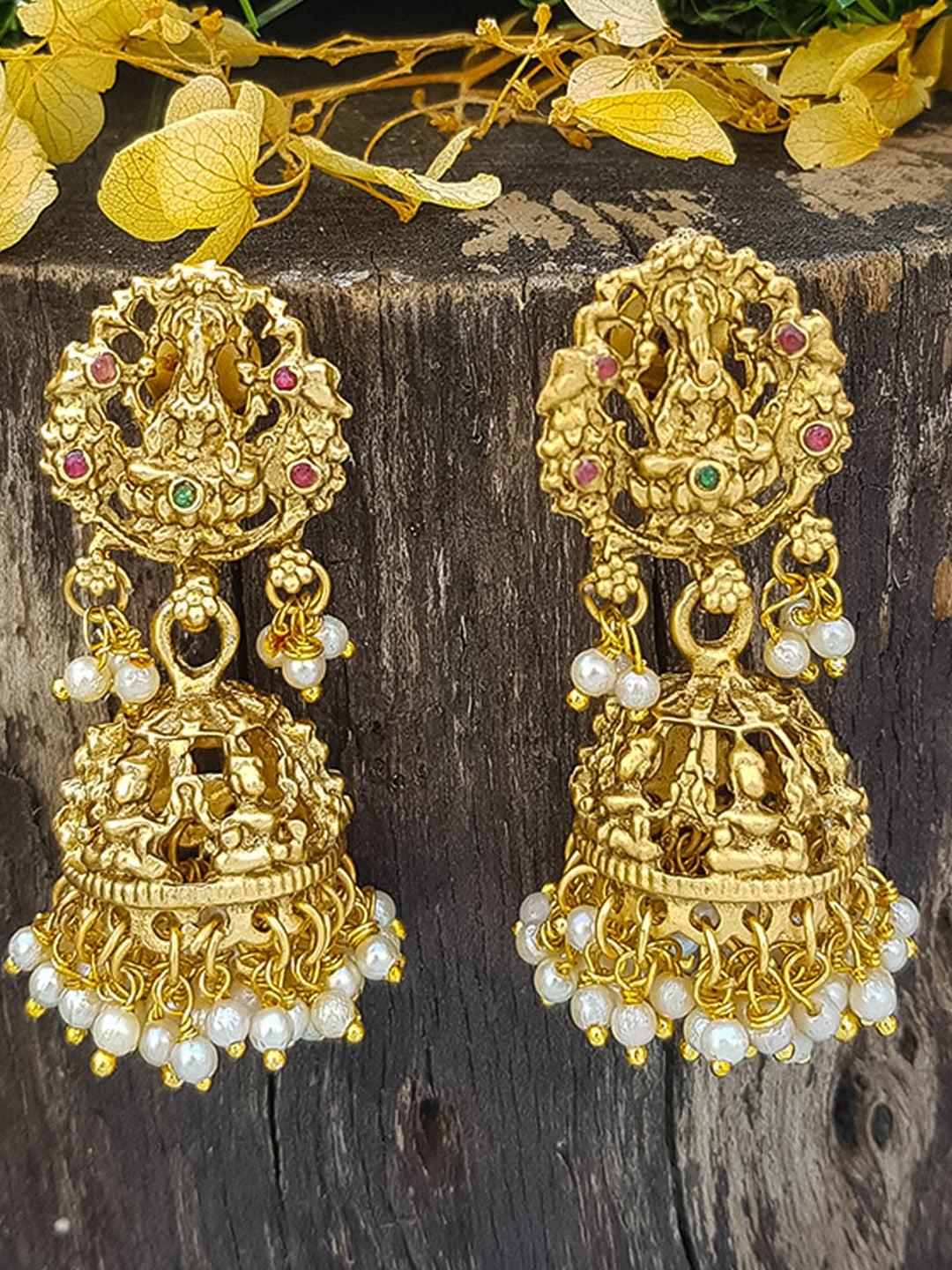 Classic Gold Plated Laxmi Jhumkas / Earrings with pearls 13298N-1