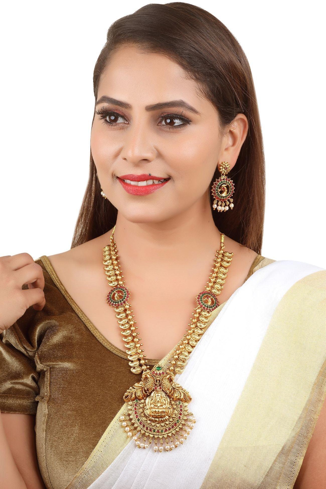 Classic Gold Plated Long Laxmi Hara Necklace Set 16863N - Griiham