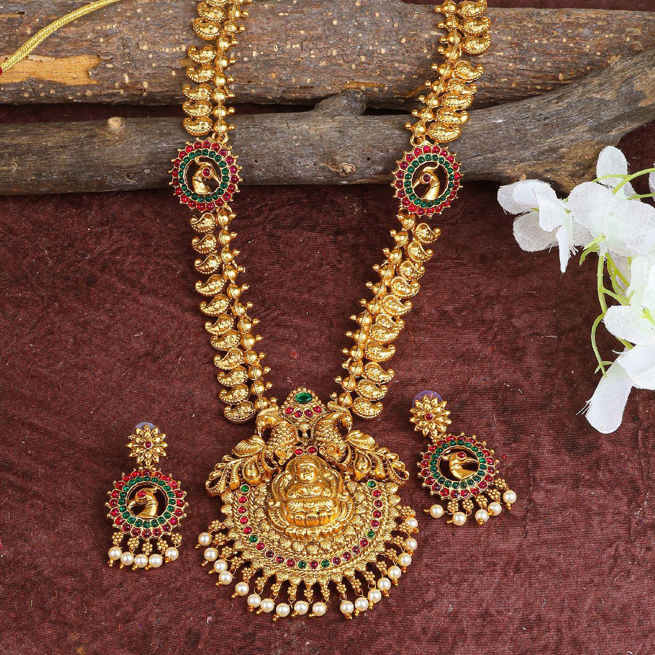Classic Gold Plated Long Laxmi Hara Necklace Set 16863N - Griiham