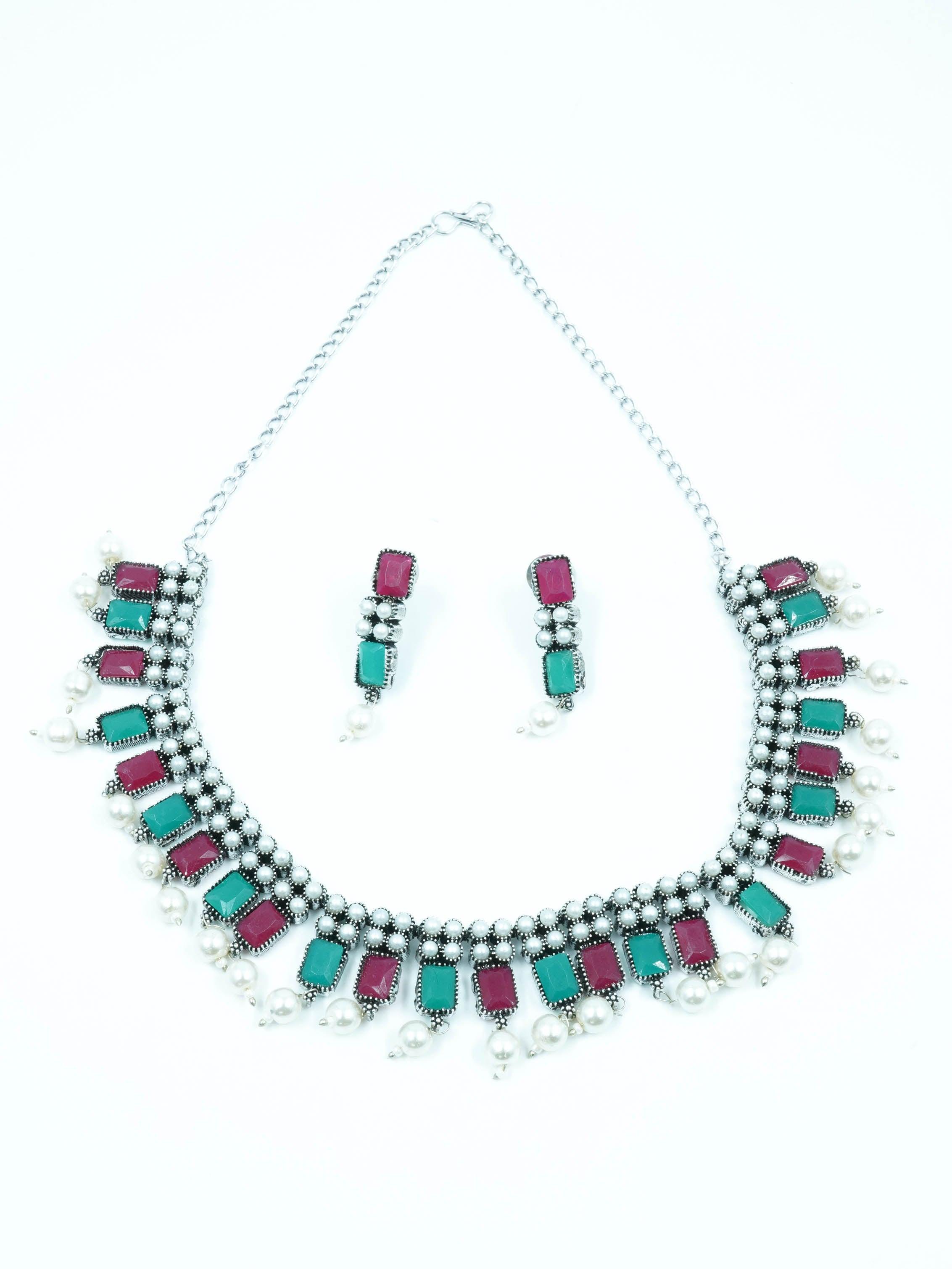 Classy Oxidised Necklace Set with pearls and with different colour stones Options 11937N - Griiham