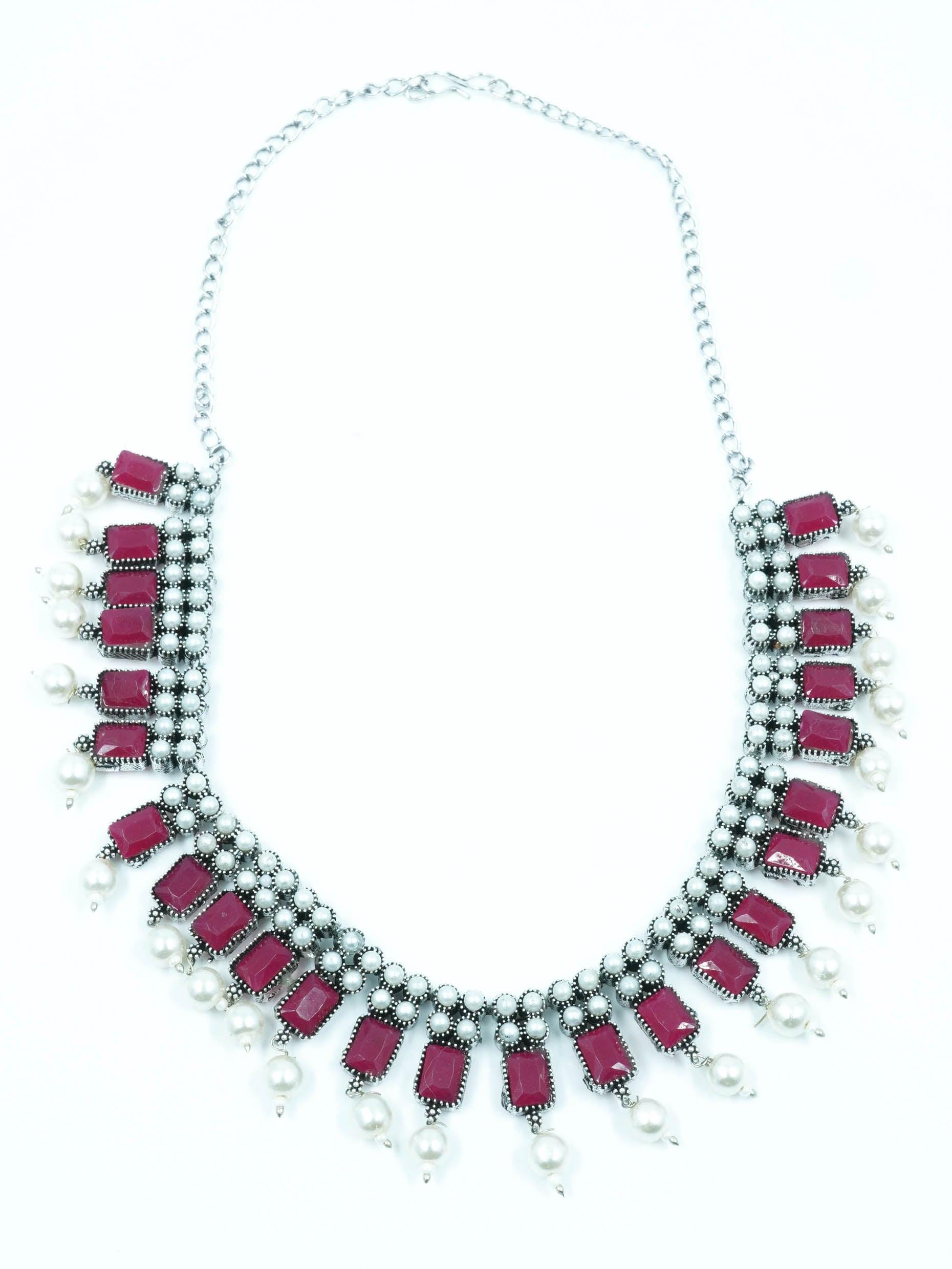 Classy Oxidised Necklace Set with pearls and with different colour stones Options 11937N - Griiham