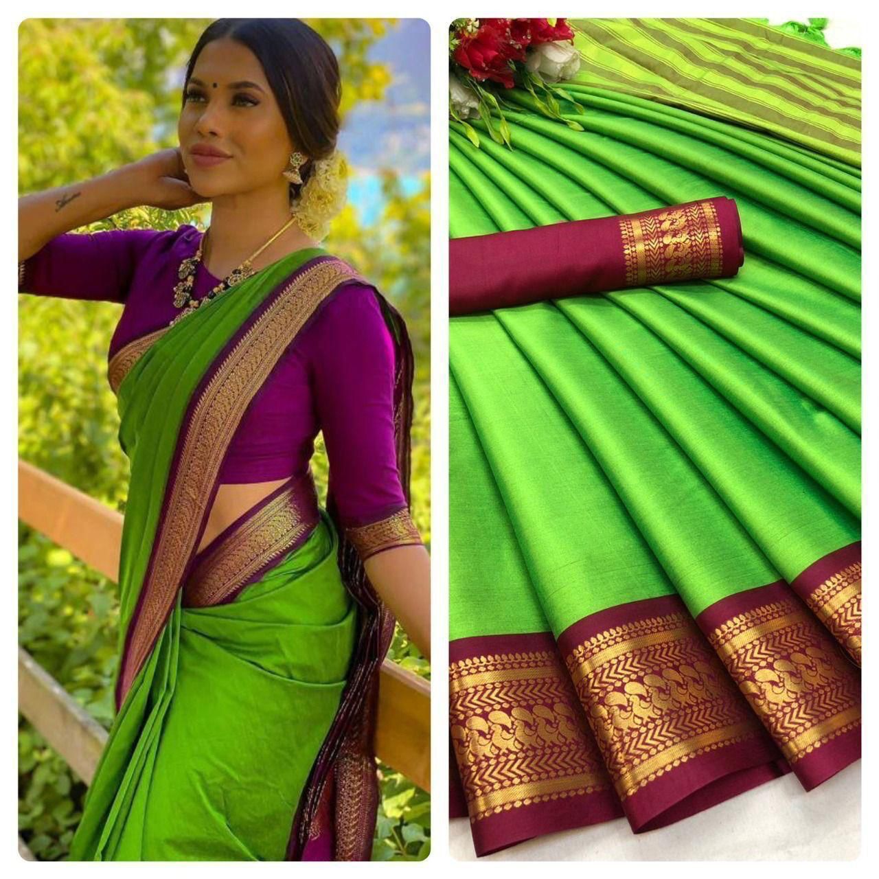 Cotton Semi-silk with Broad contrast jacquard work border Saree 15066N