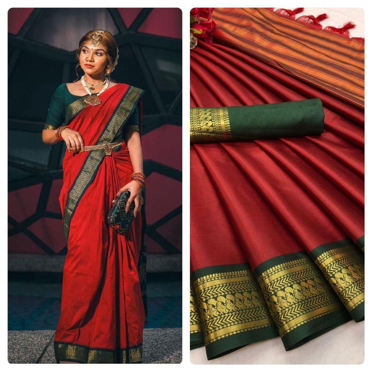 Cotton Semi-silk with Broad contrast jacquard work border Saree 15066N