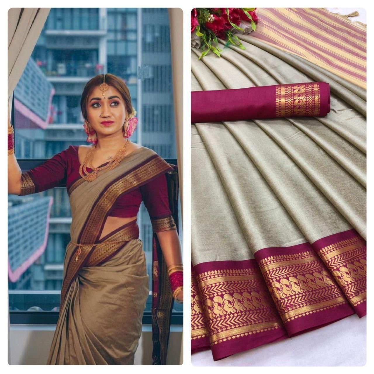 Cotton Semi-silk with Broad contrast jacquard work border Saree 15068N