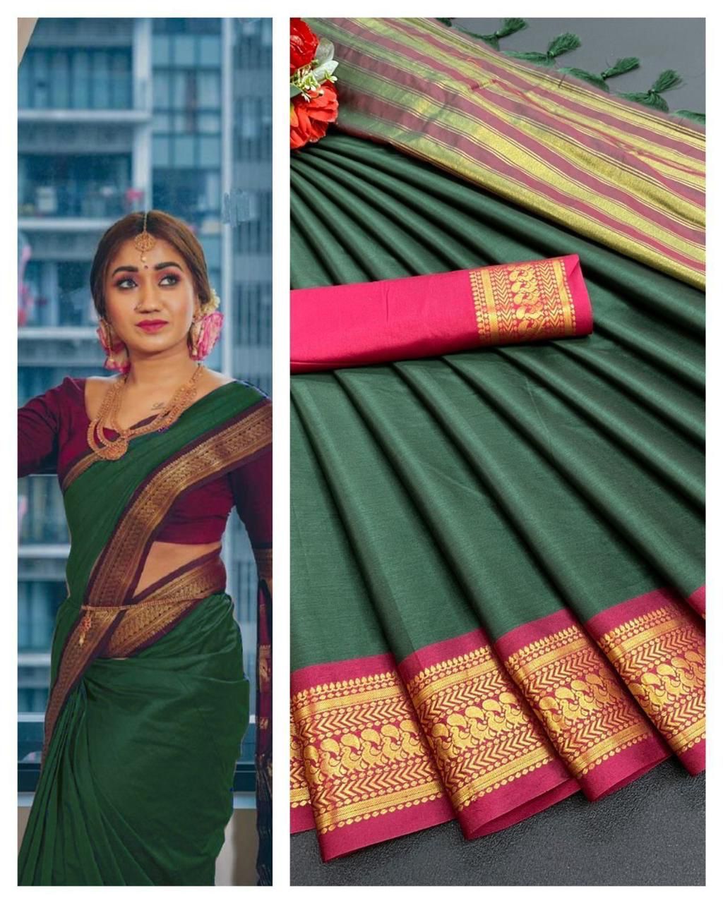 Cotton Semi-silk with Broad contrast jacquard work border Saree 15068N