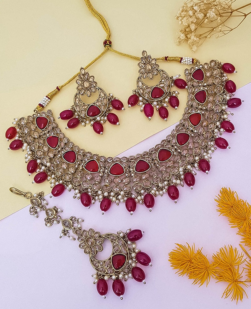 Designer Monalisa colored stones Necklace set with tikka 10982N-1