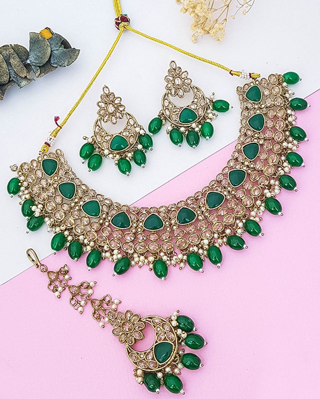 Designer Monalisa colored stones Necklace set with tikka 10982N