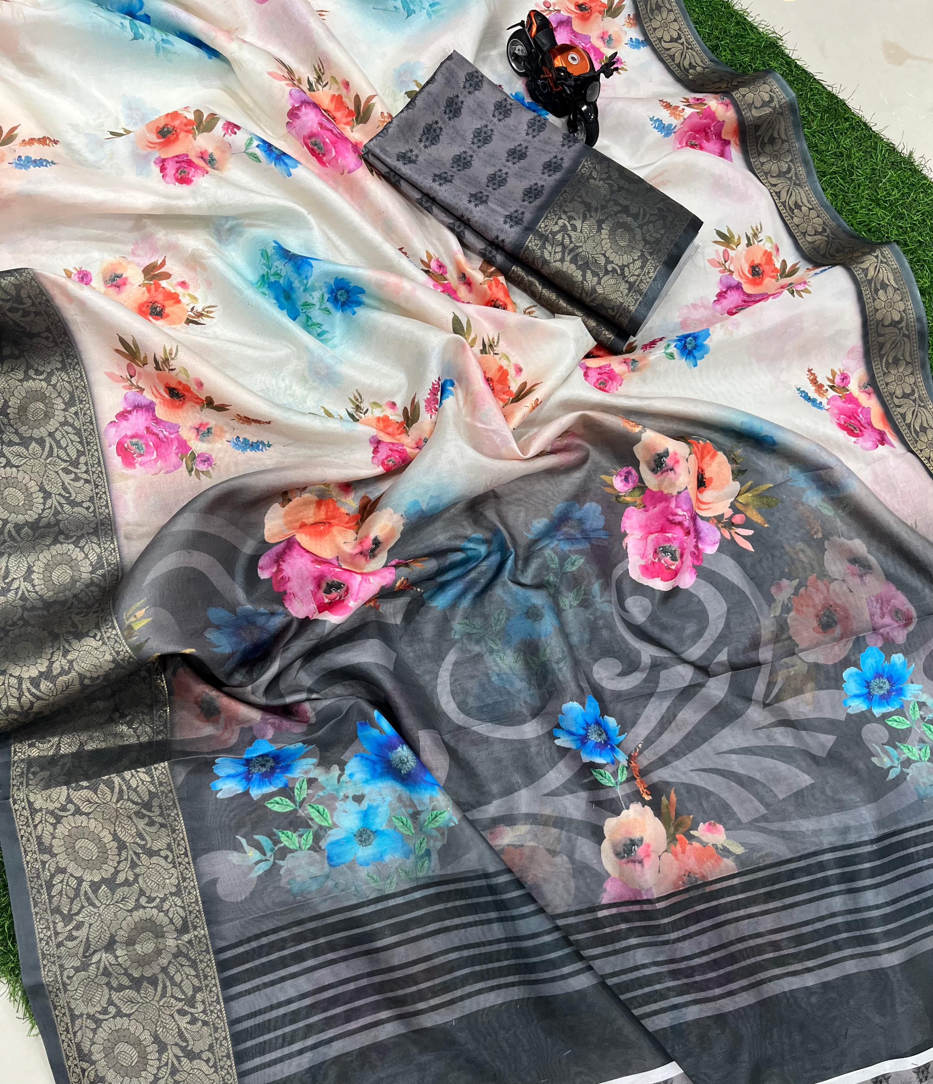 Dola Semi- Silk sarees with digital print and classy floral Designs..23458N