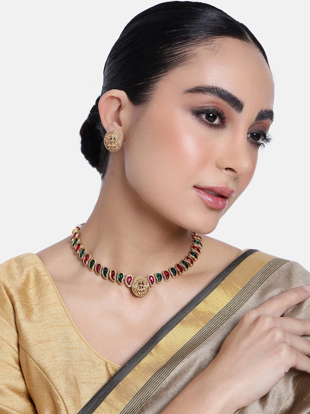 Elegant Premeium Gold Finish Designer Multicolor stones Necklace Set - Griiham