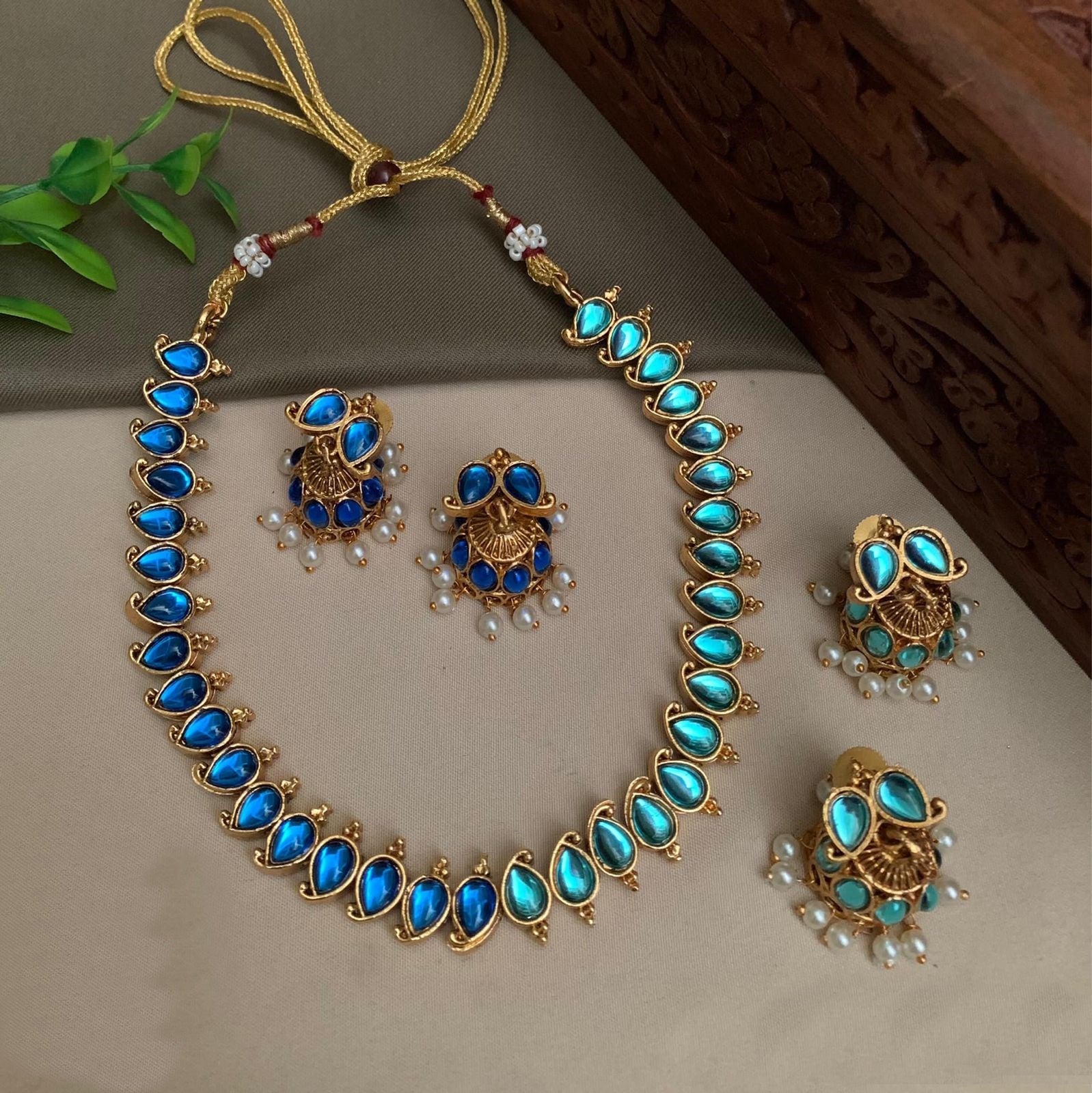Exclusive Gold Plated Reversible (Blue and Sky blue) AD Necklace Set 24007N