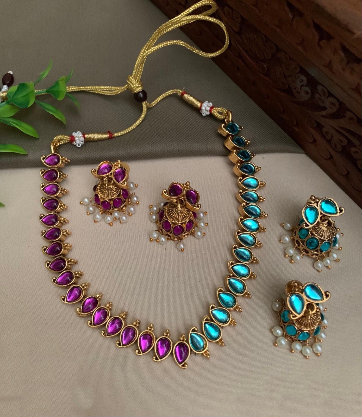 Exclusive Gold Plated Reversible (Purple and Sky blue) AD Necklace Set 24006N