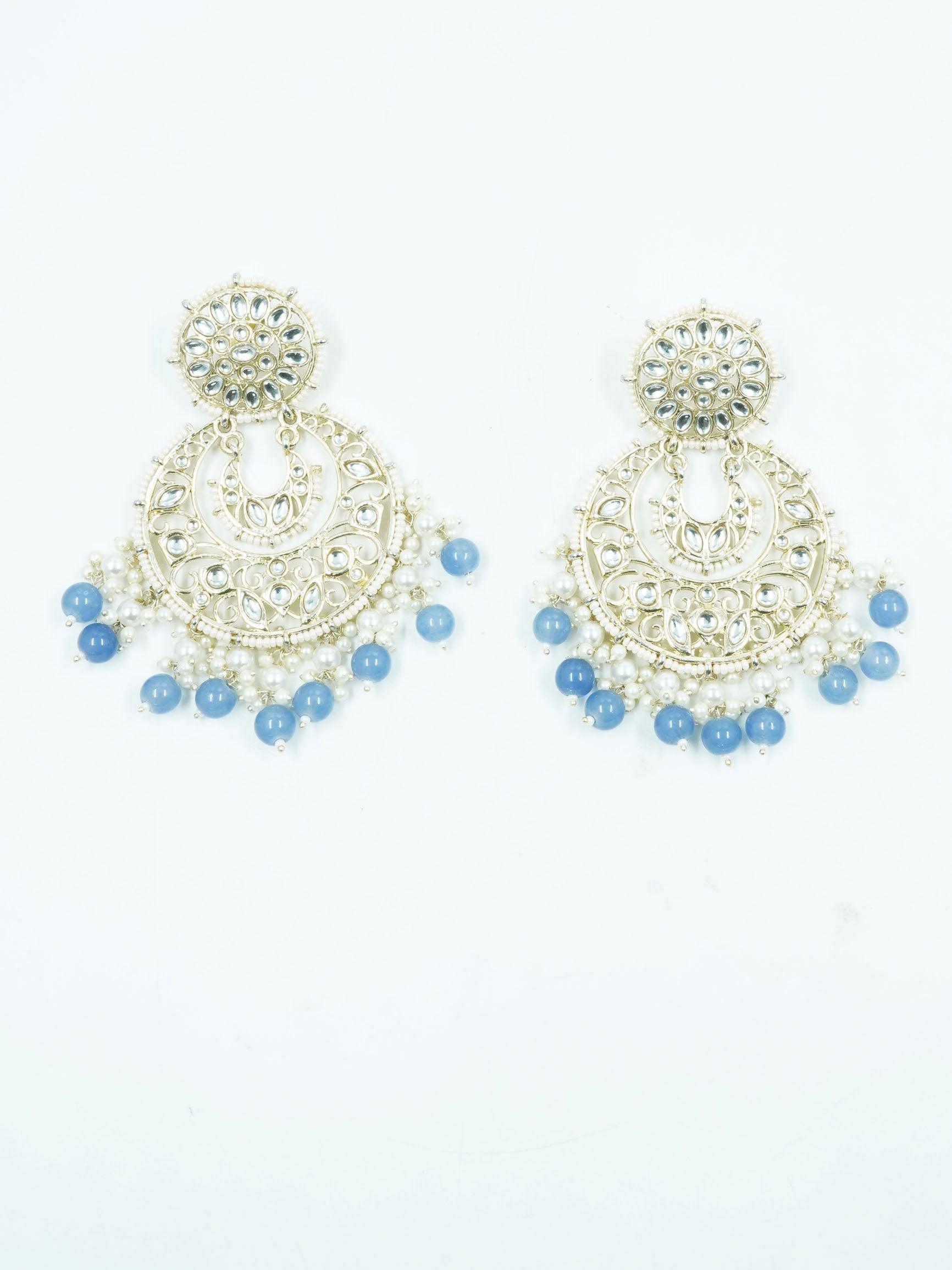 Faint gold finish Earring/jhumka/Dangle with Light Blue Color Drops 11803N - Griiham