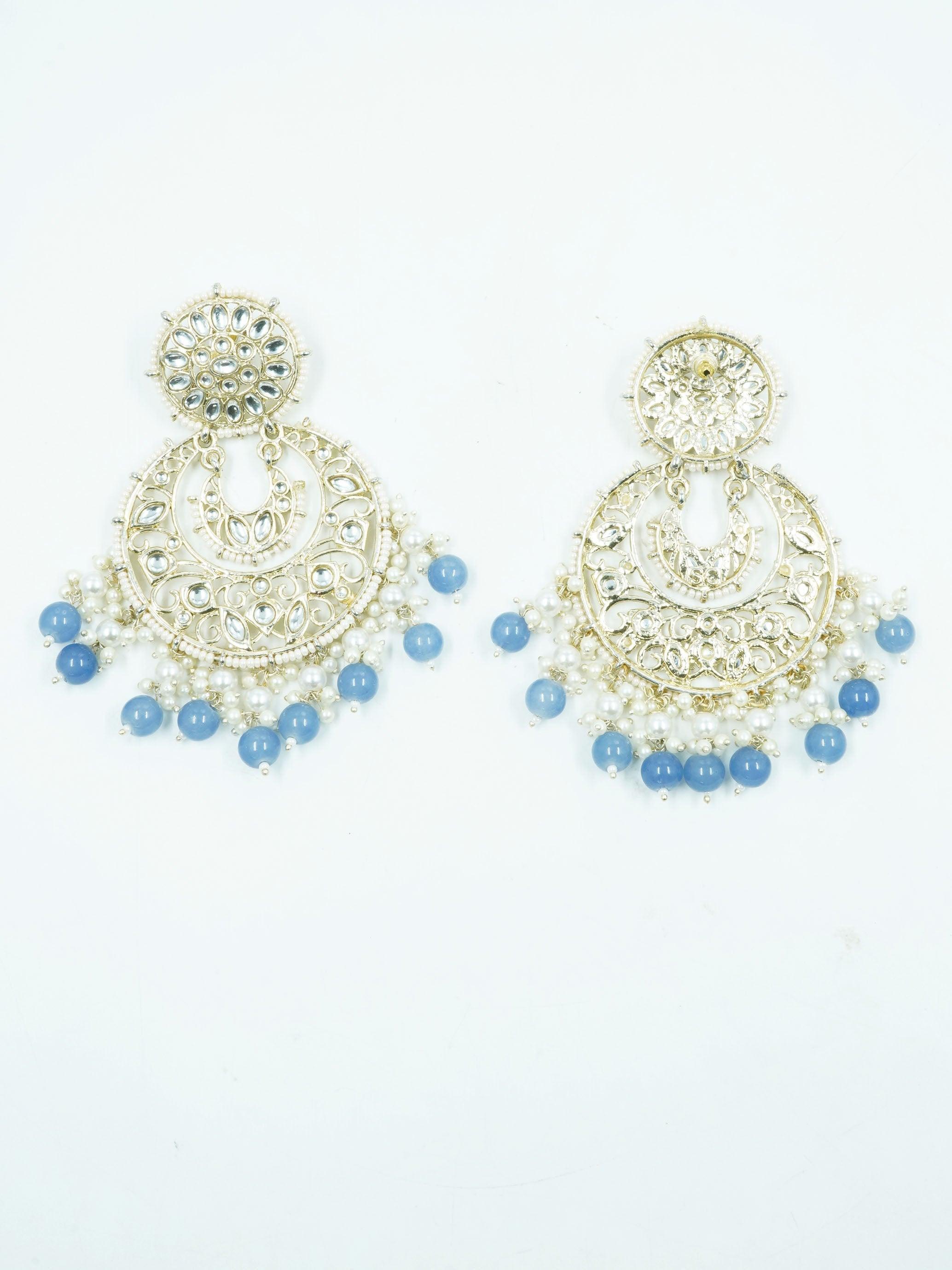Faint gold finish Earring/jhumka/Dangle with Light Blue Color Drops 11803N - Griiham