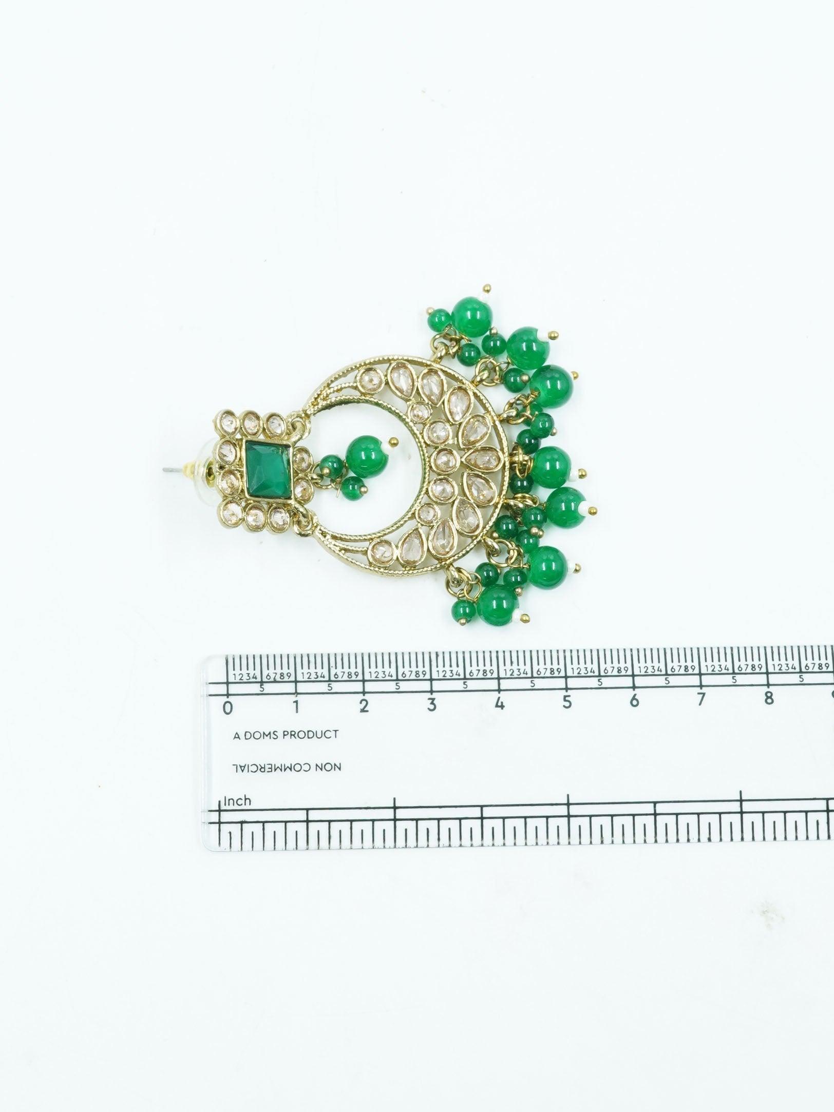 Faint gold finish Earring/jhumka/Dangler with Mang Tikka with Irish Green Color Stones 11764N - Griiham