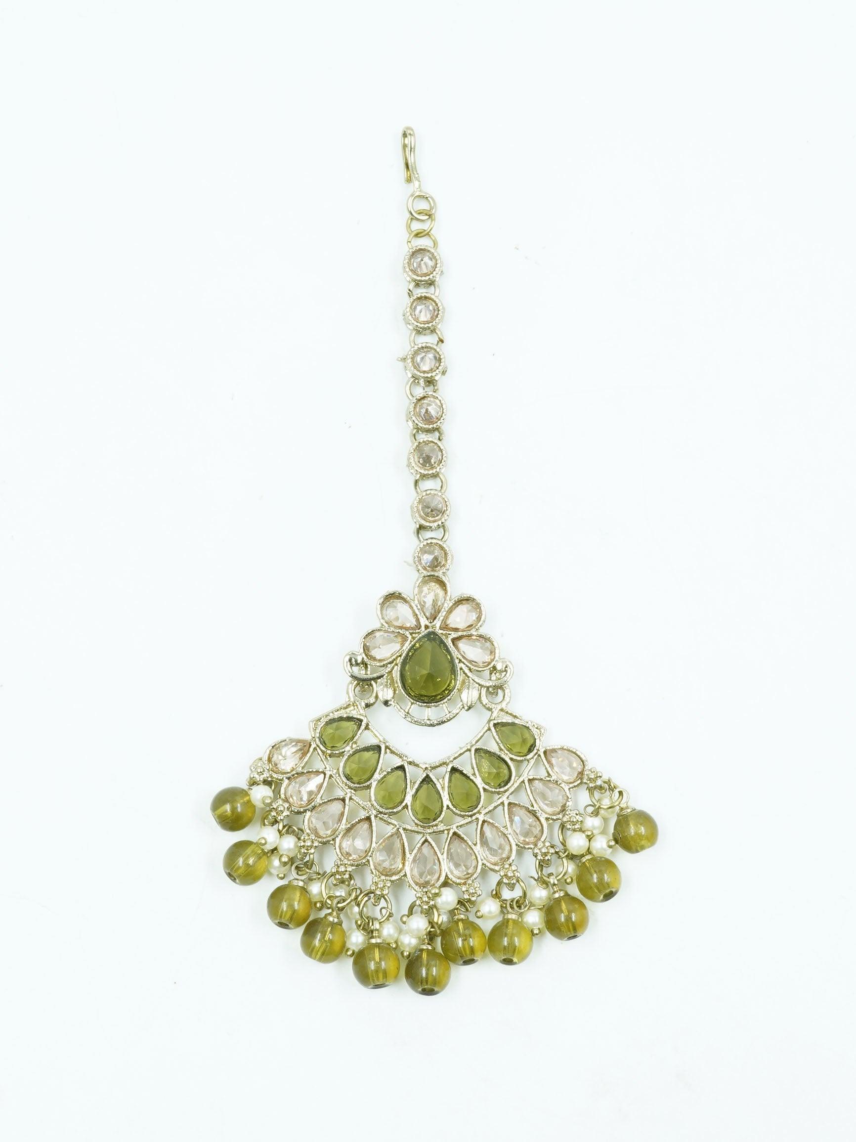 Faint gold finish Earring/jhumka/Dangler with Mang Tikka with Mehendi green Color Drops 11773N