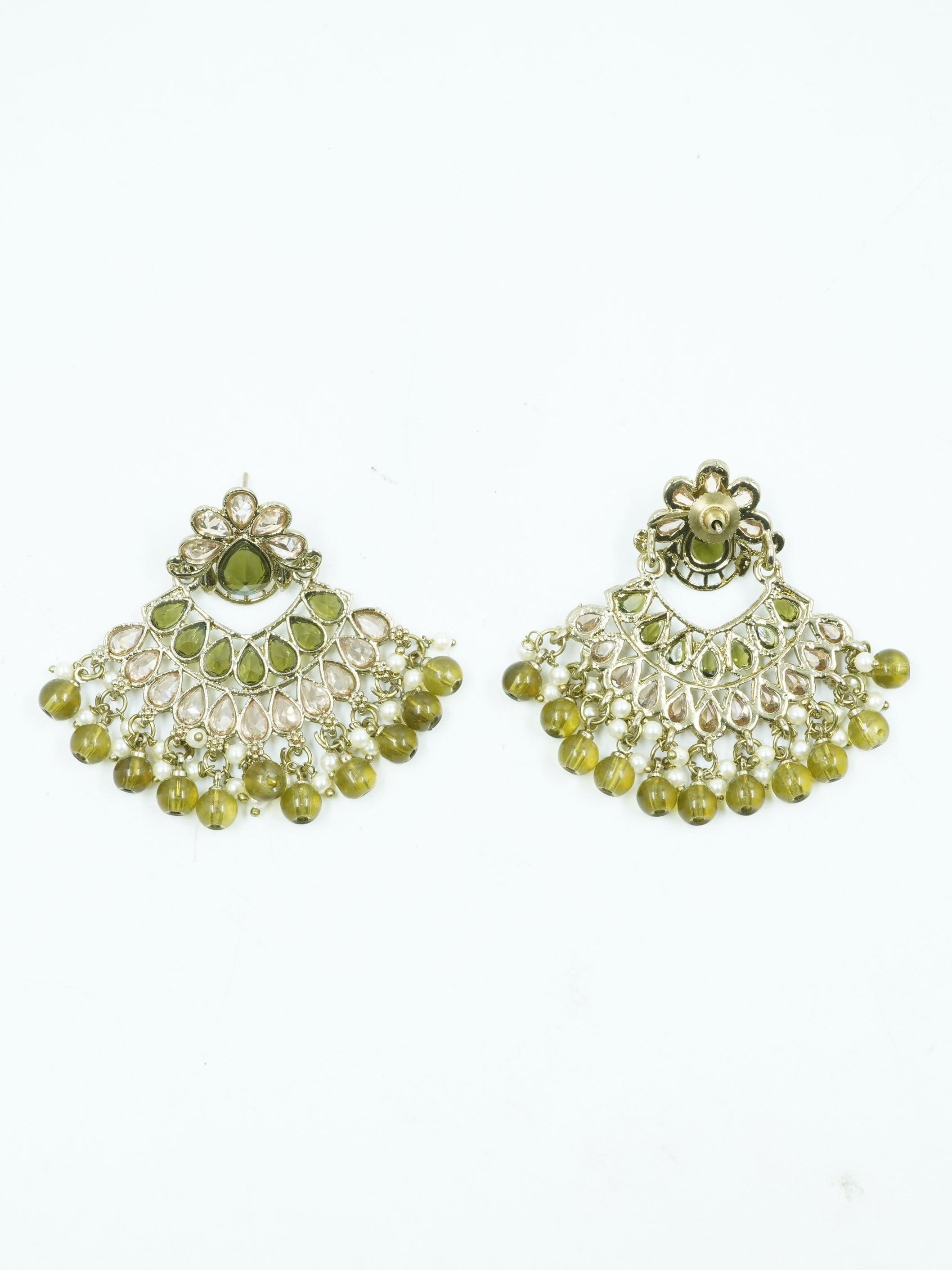Faint gold finish Earring/jhumka/Dangler with Mang Tikka with Mehendi green Color Drops 11773N
