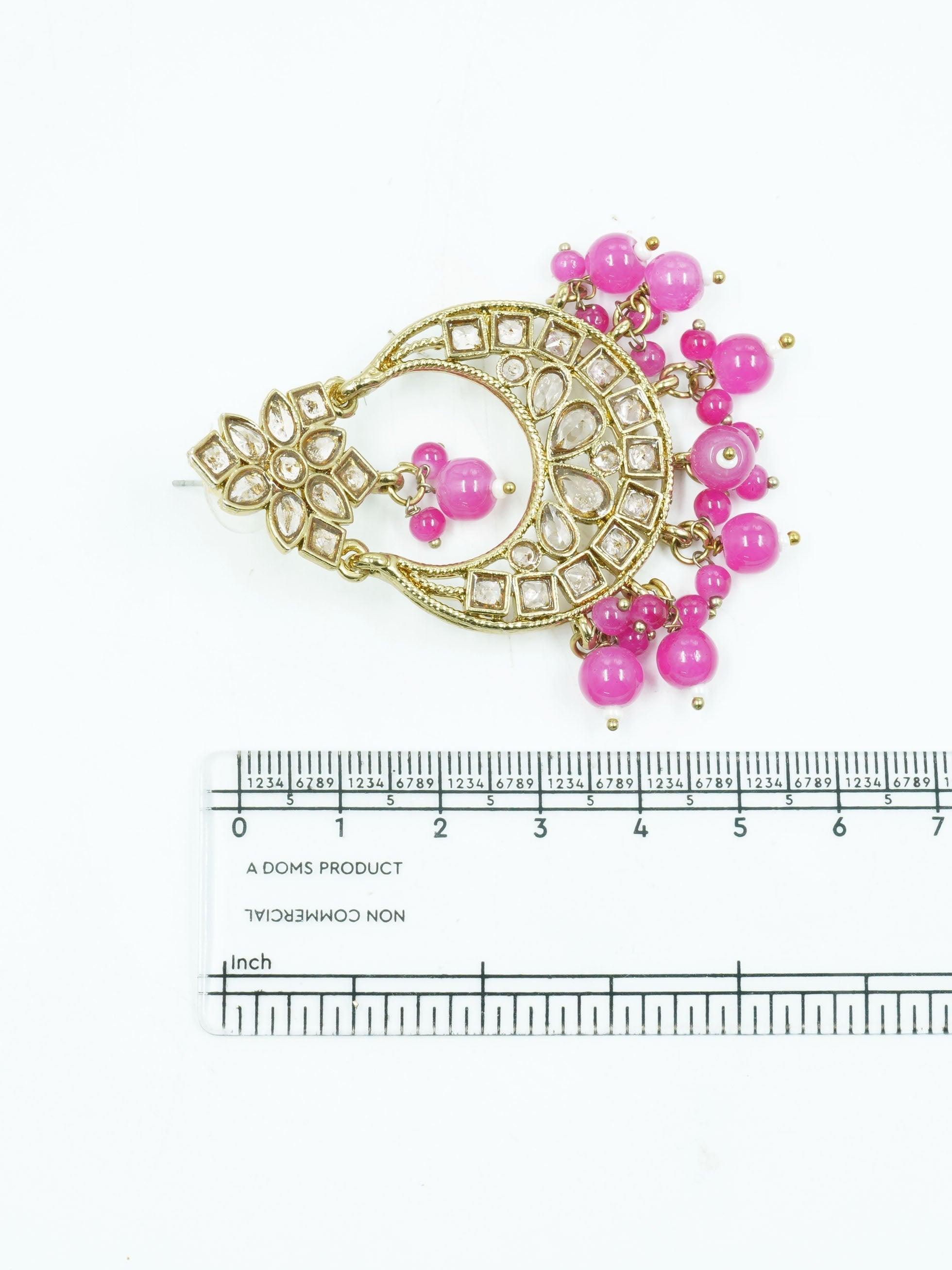 Faint gold finish Earring/jhumka/Dangler with Mang Tikka with Pink Color  Drops 11765N