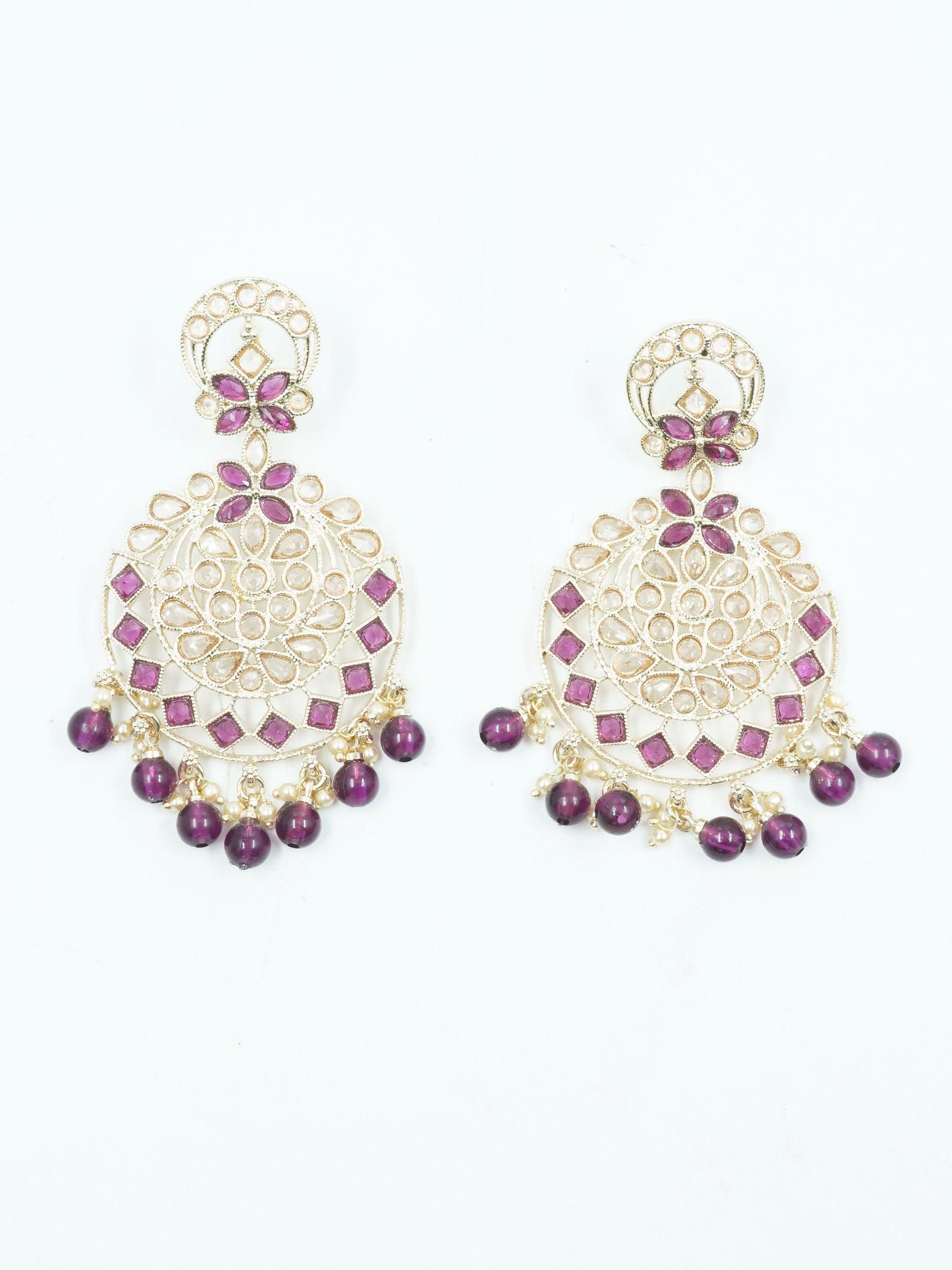 Faint gold finish Earring/jhumka/Dangler with Purple Color Stones 11808N - Griiham