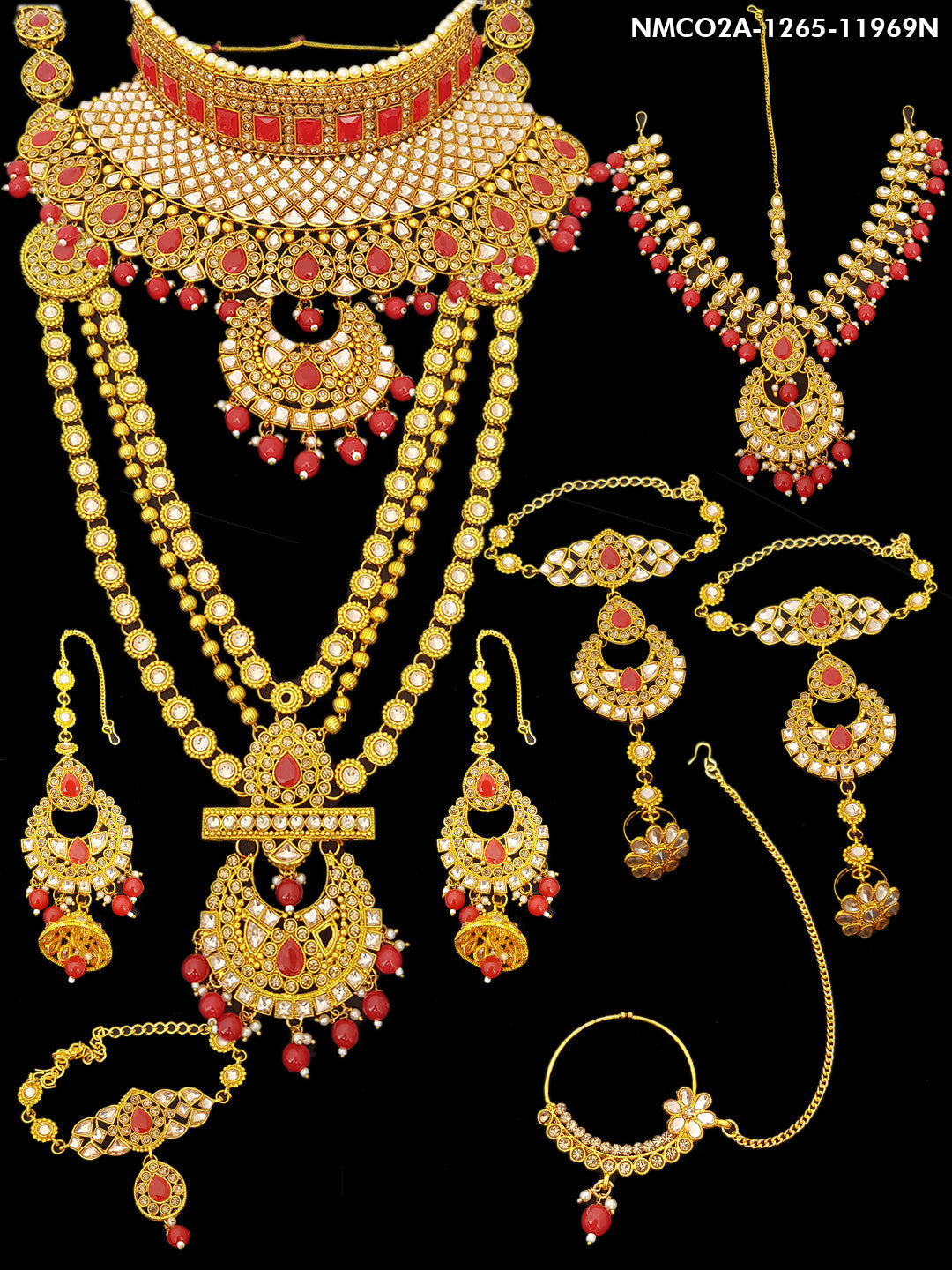 Fancy Dulhan set Gold Polish Bridal jewelry Set combo Meenkari and kundan 11968N