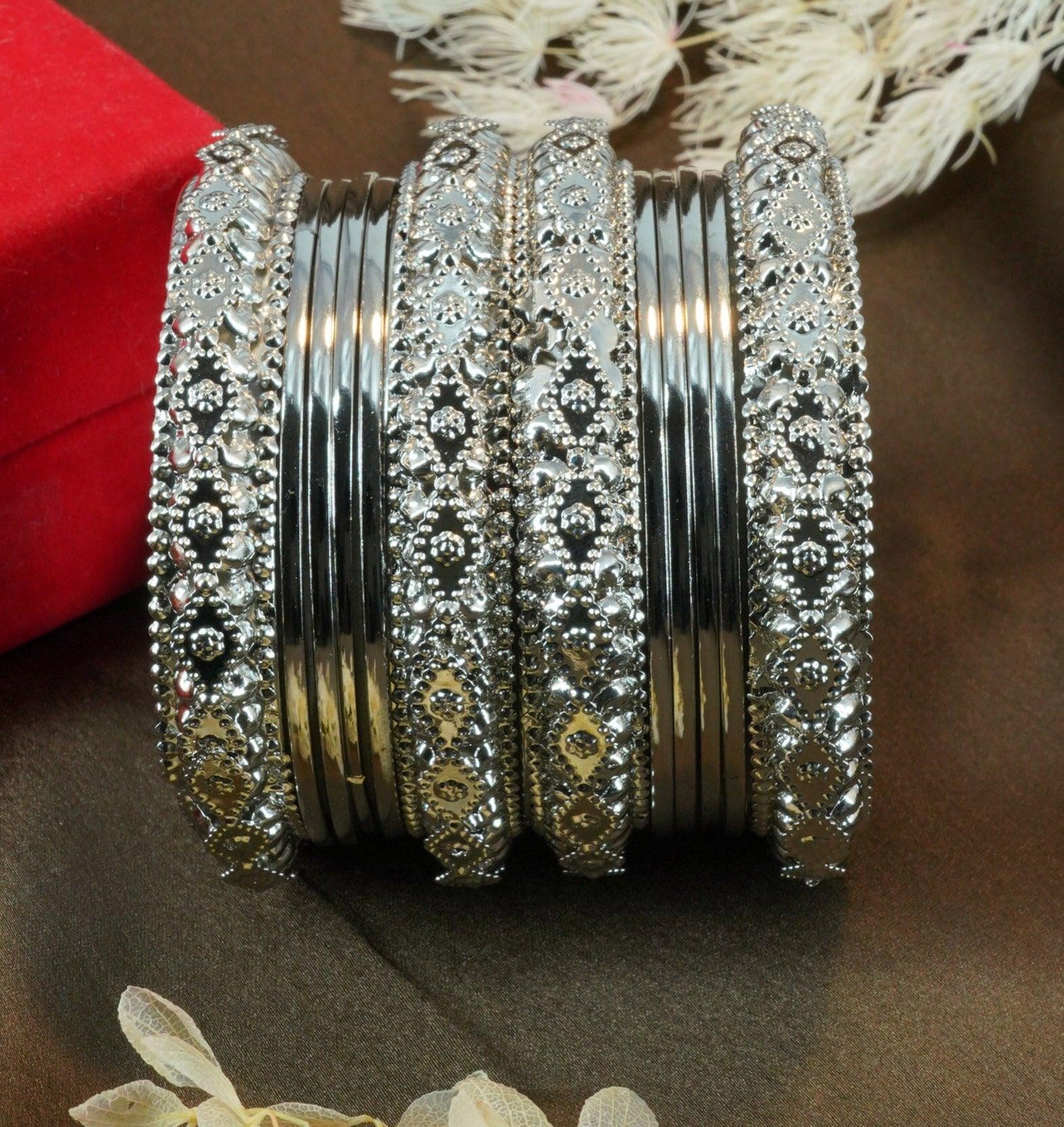 Fancy Silver Plated Bangles Set of 12 bangles 11458K - Griiham
