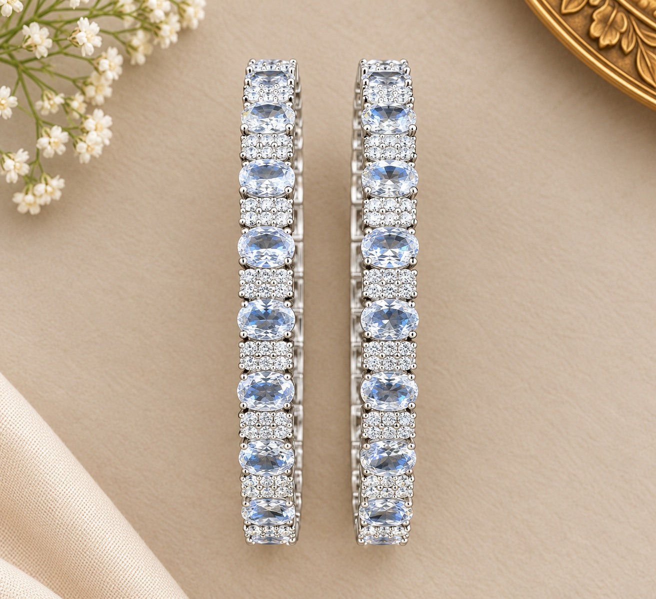 White Gold Plated with white CZ Stones Set of 2 Bangles