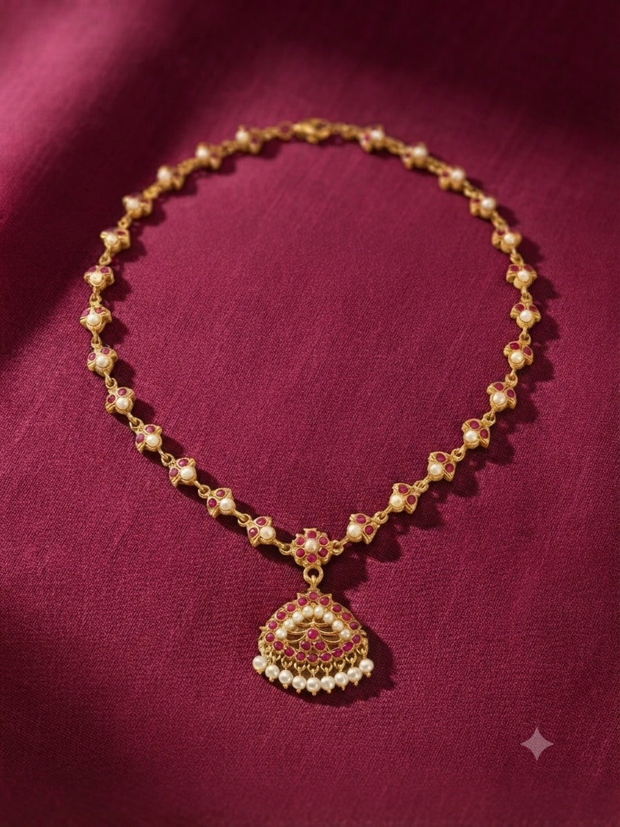 Gold Plated Adige Short Red White Muthu Necklace without earring