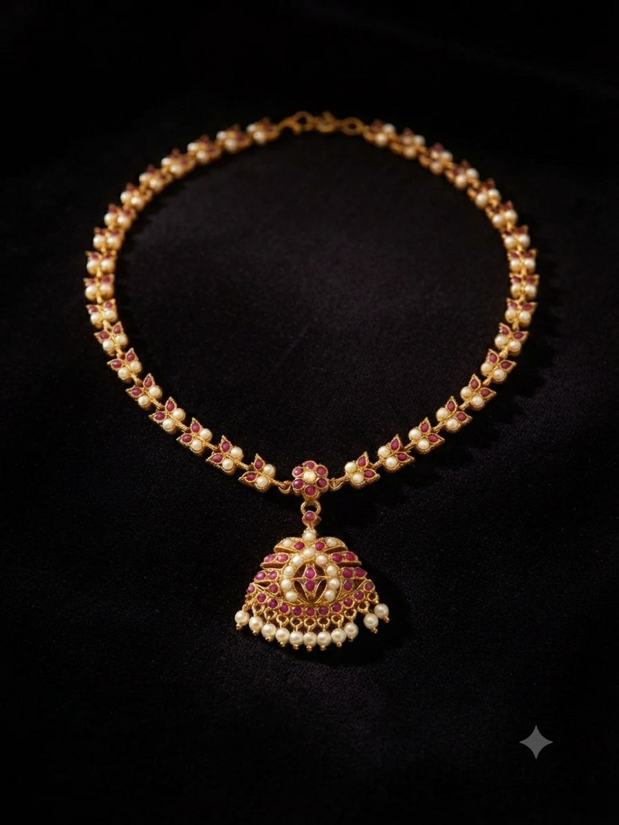 Gold Plated Adige Short Red White Muthu Necklace without earring