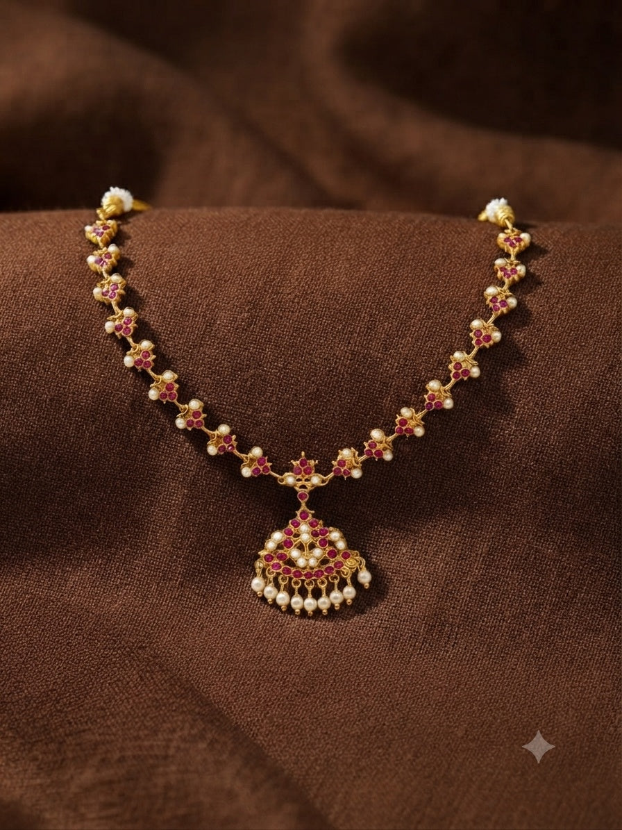 Gold Plated Adige Short Red White Muthu Necklace without earring