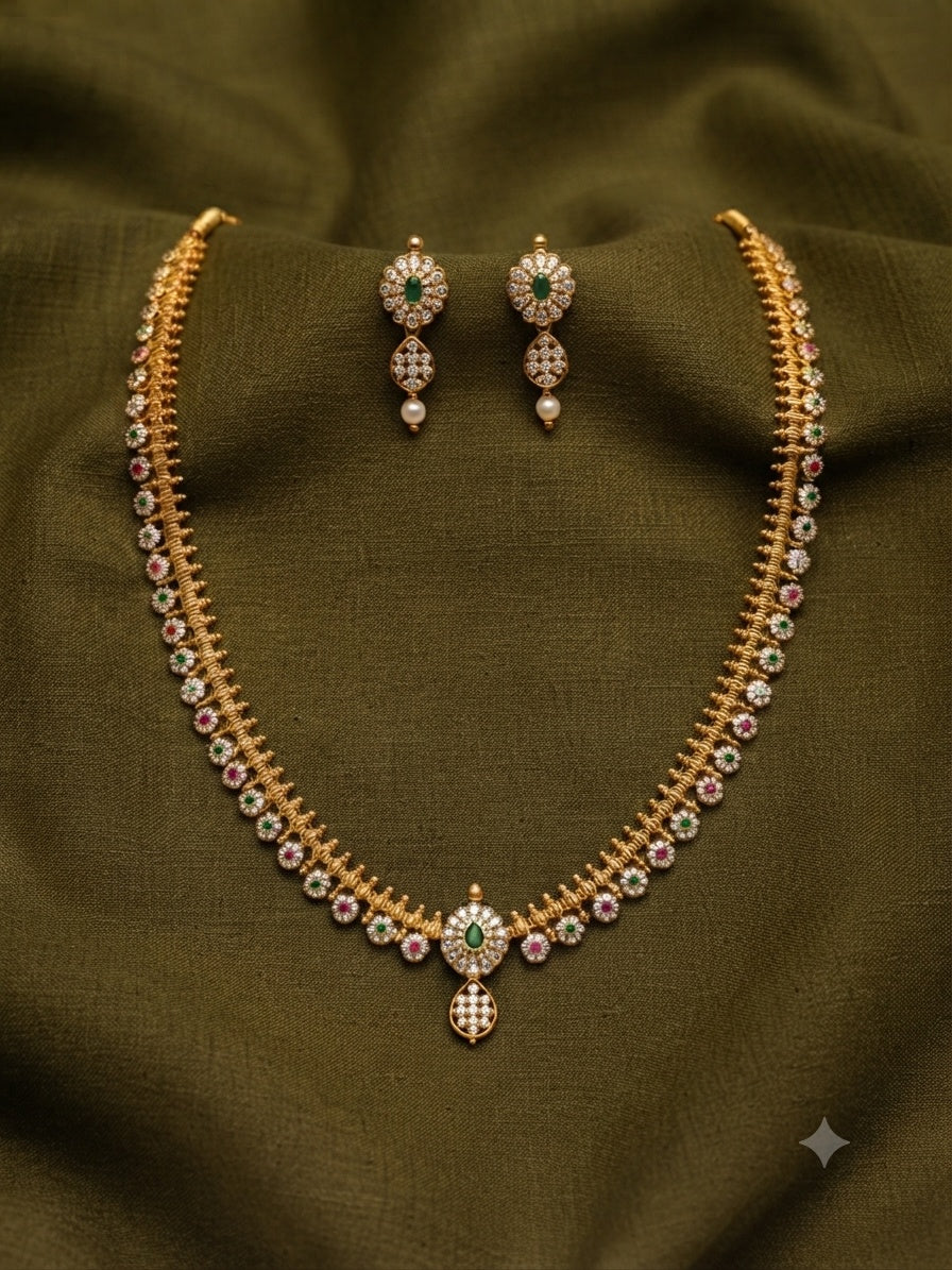 Gold Plated Long CZ Necklace Set