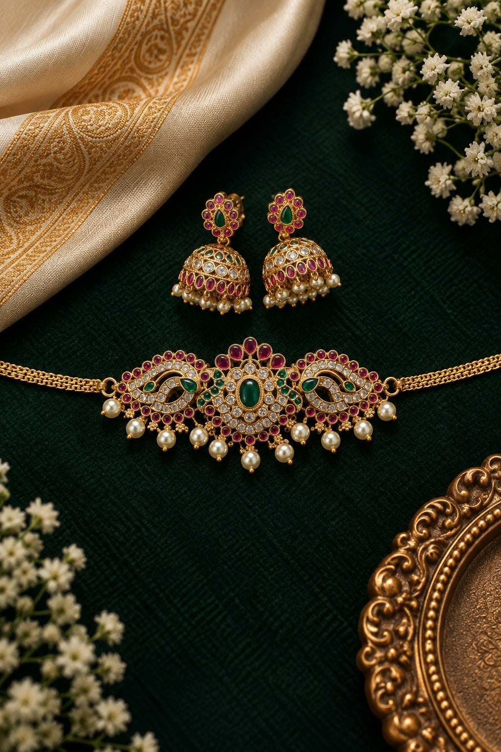 Gold Plated Swarovski Pearl AD Choker Necklace Set