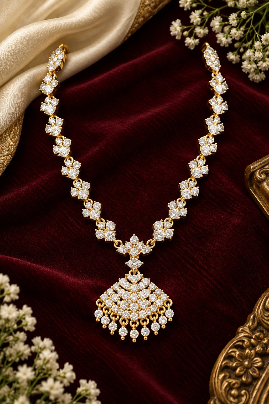 Adige Long White stone Necklace Set with Back chain