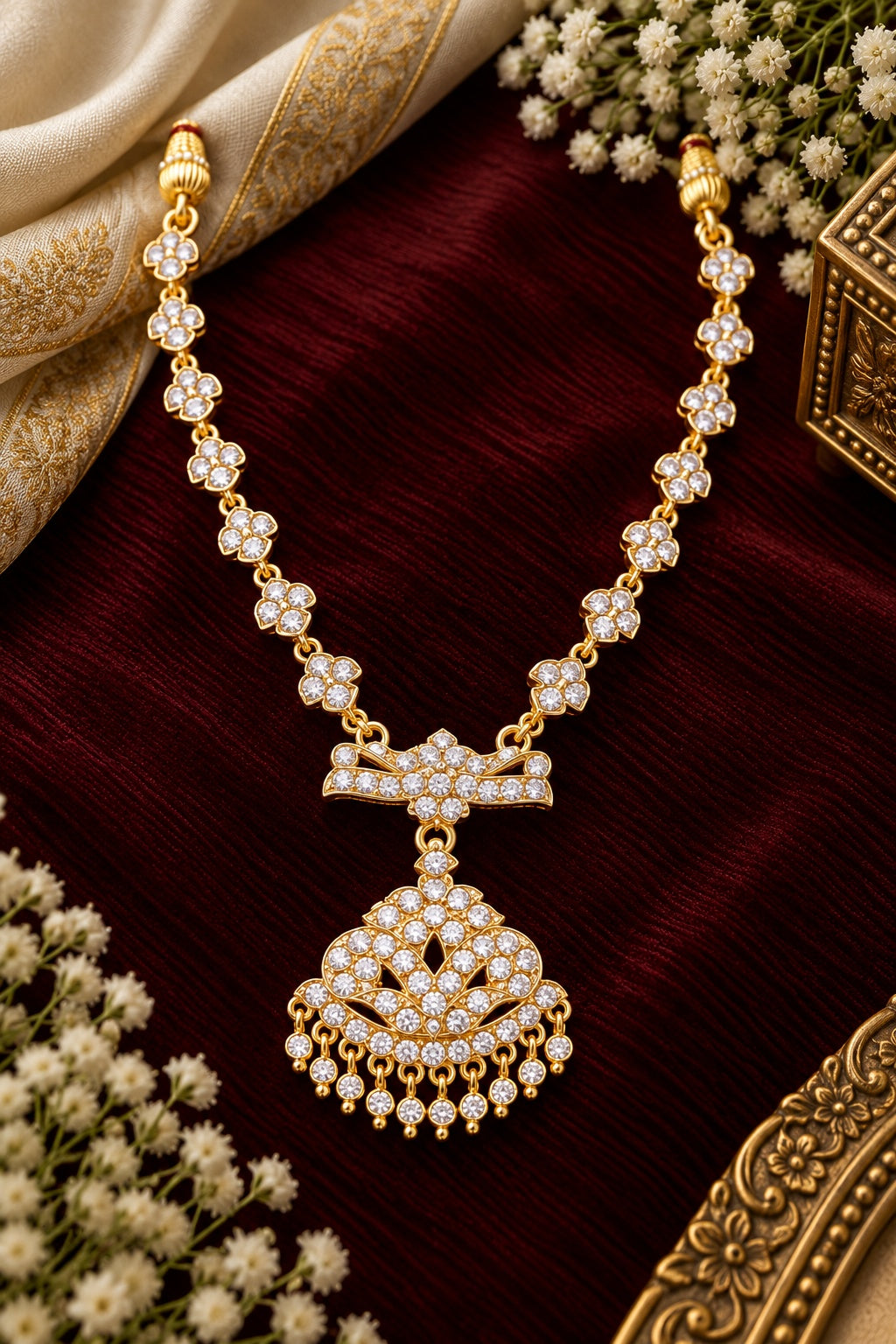 Adige Long White stone Necklace Set with Back chain