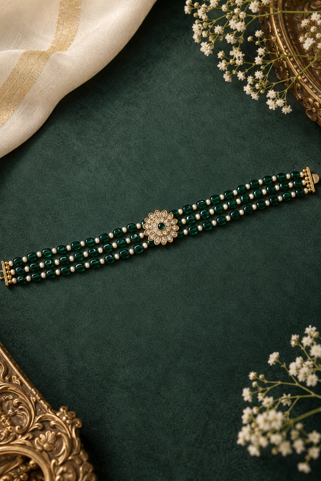 Gold Plated Swarovski Pearl AD Choker Necklace Set