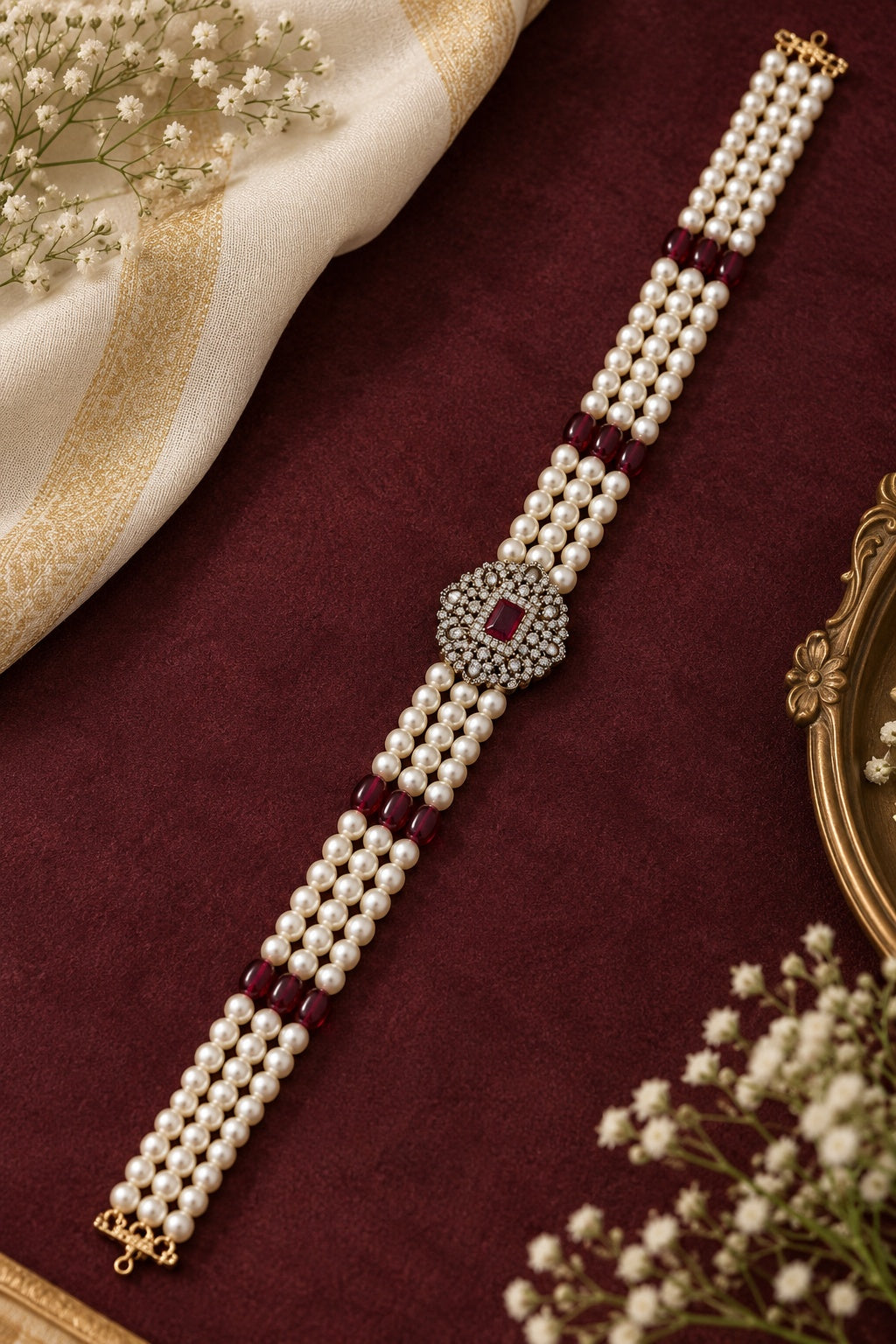 Gold Plated Swarovski Pearl AD Choker Necklace Set