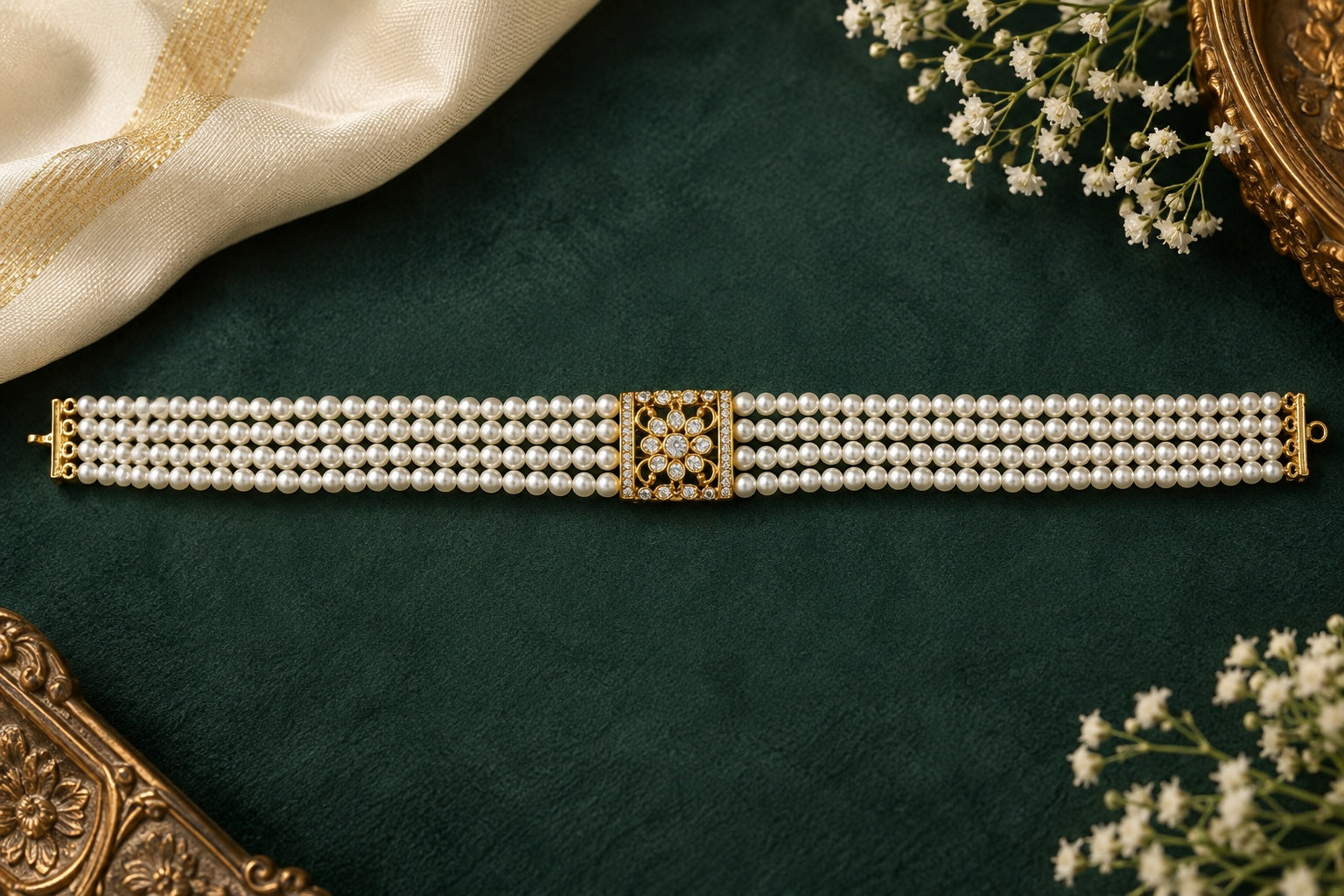 Gold Plated Swarovski Pearl AD Choker Necklace Set