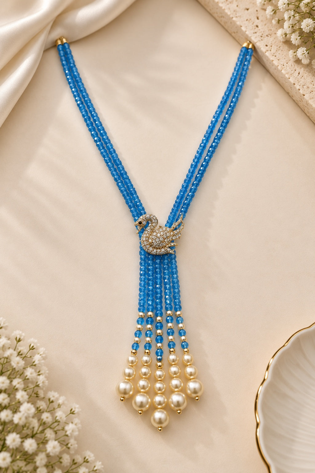 Two Layer CZ Mala Y design with mid Brooch SKY Blue