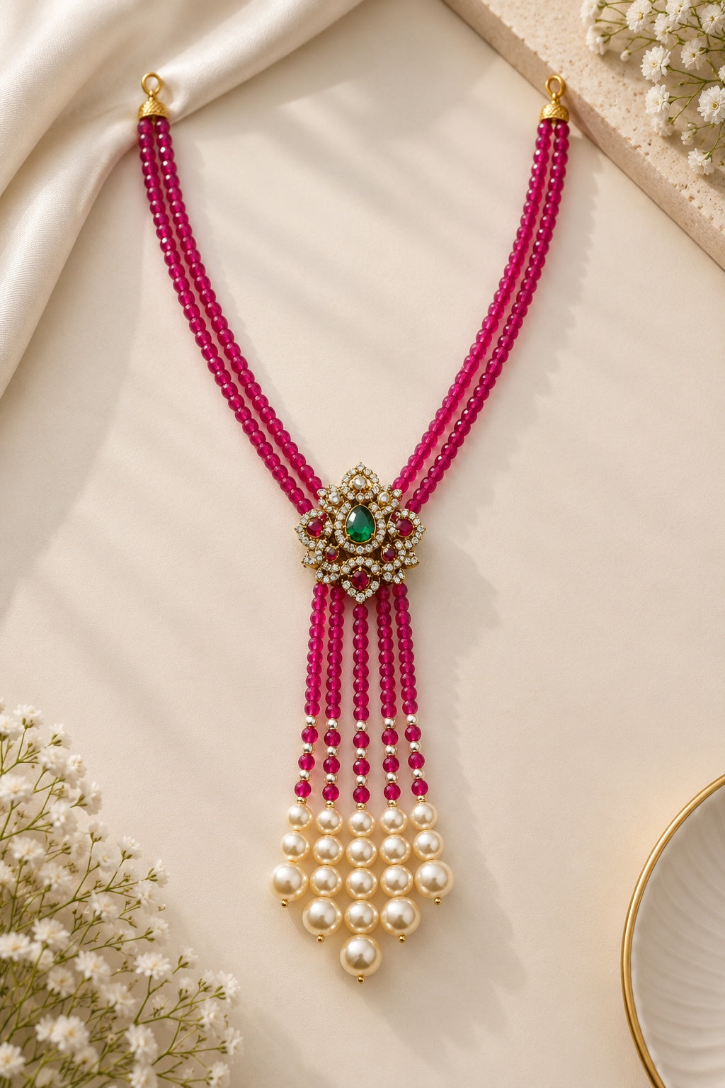 Two Layer CZ Mala Y design with mid Brooch with pearl drop Rani colour