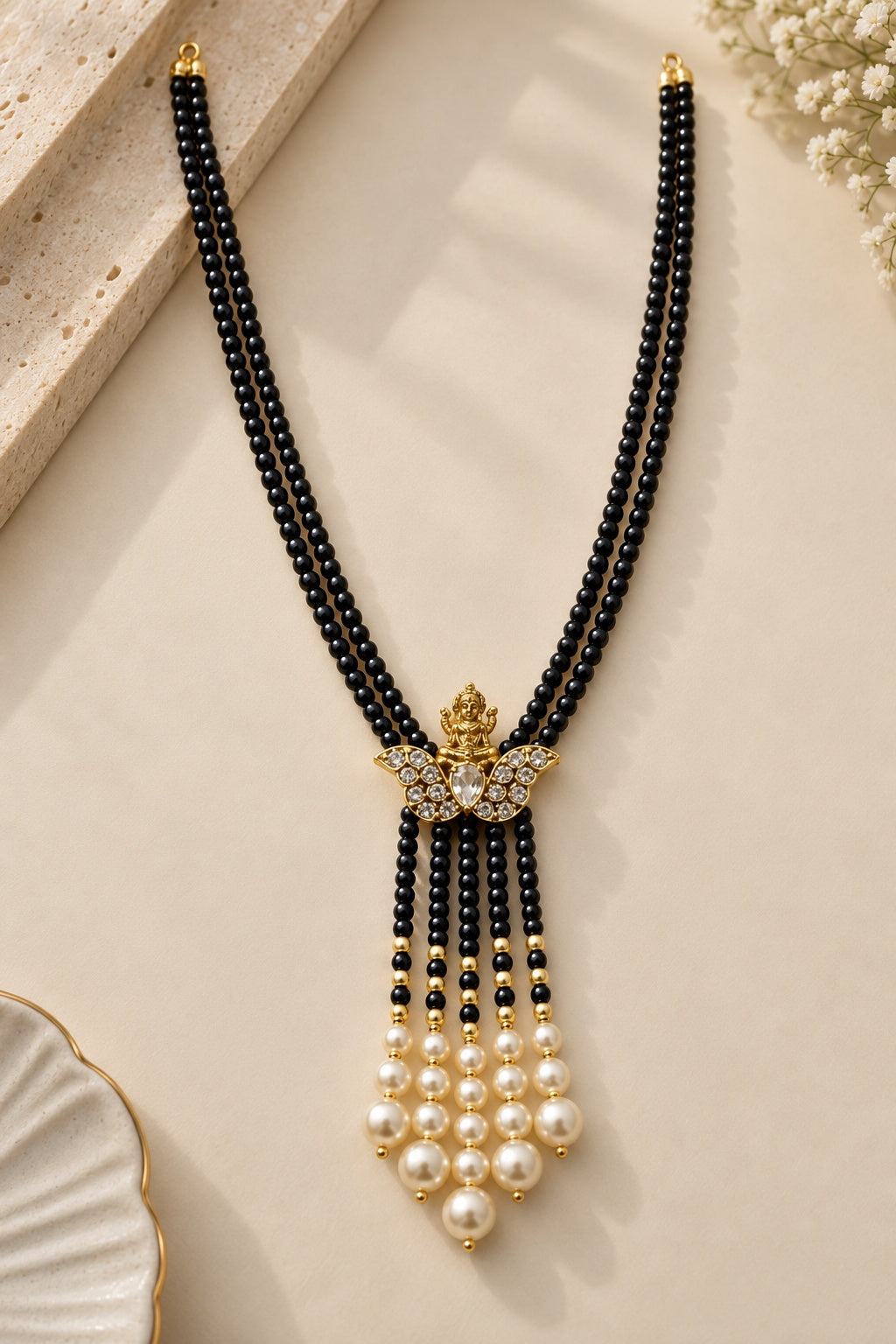 Two Layer CZ Mala Y design with mid Brooch Black Colour Black Colour