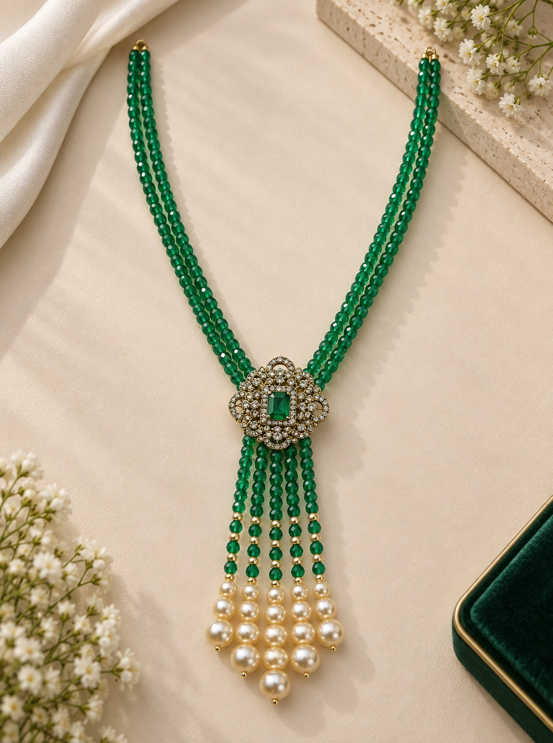 Two Layer CZ Mala Y design with mid Brooch Rama Green Colour