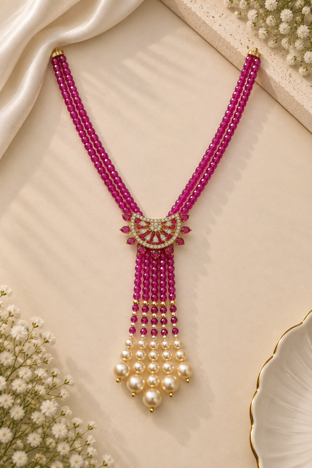 Two Layer CZ Mala Y design with mid Brooch Pink colour