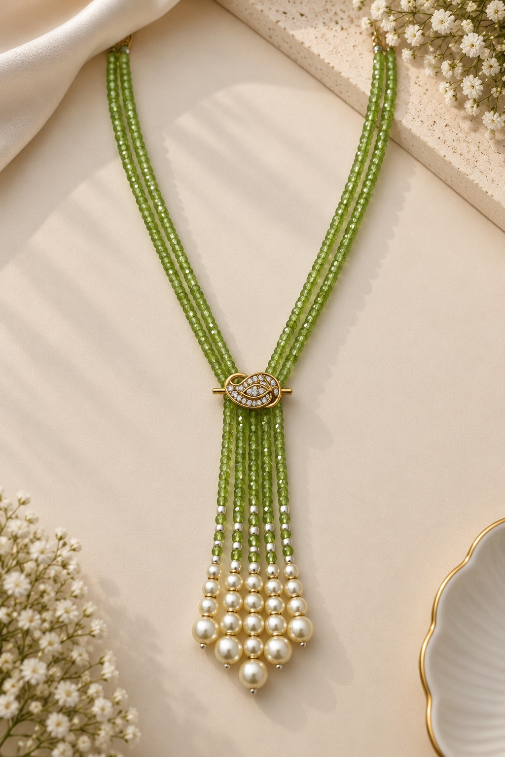 Two Layer CZ Mala Y design with mid Brooch Light Green Colour