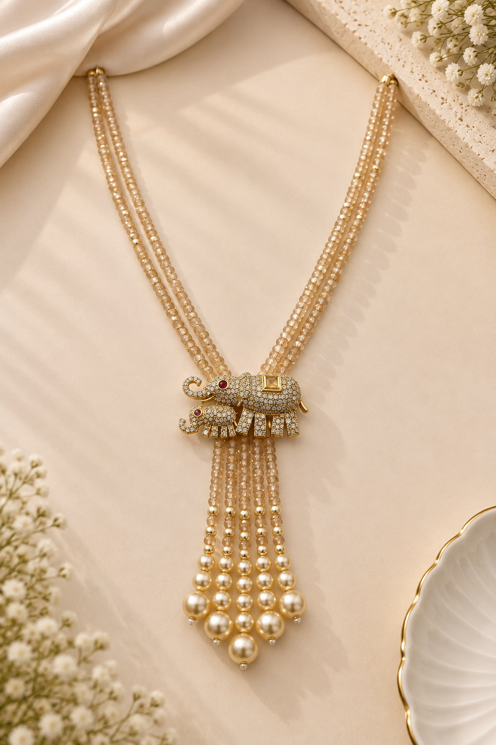 Two Layer CZ Mala Y design with mid Brooch Honey Colour