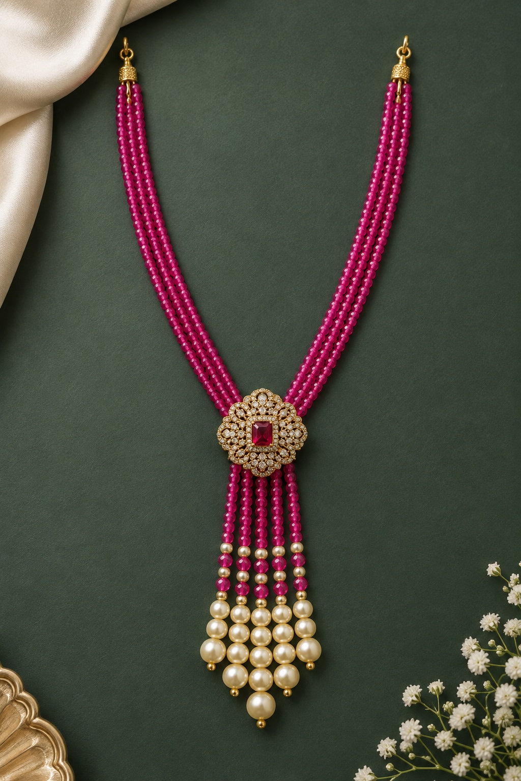Two Layer CZ Mala Y design with mid Brooch with pearl drop Rani colour
