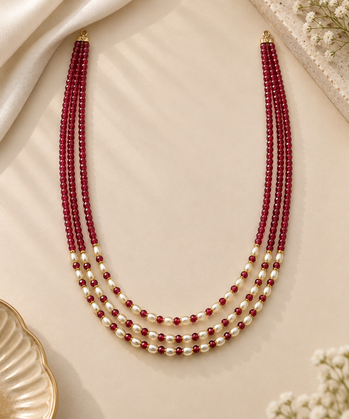 Three Line CZ with pearl short Maala